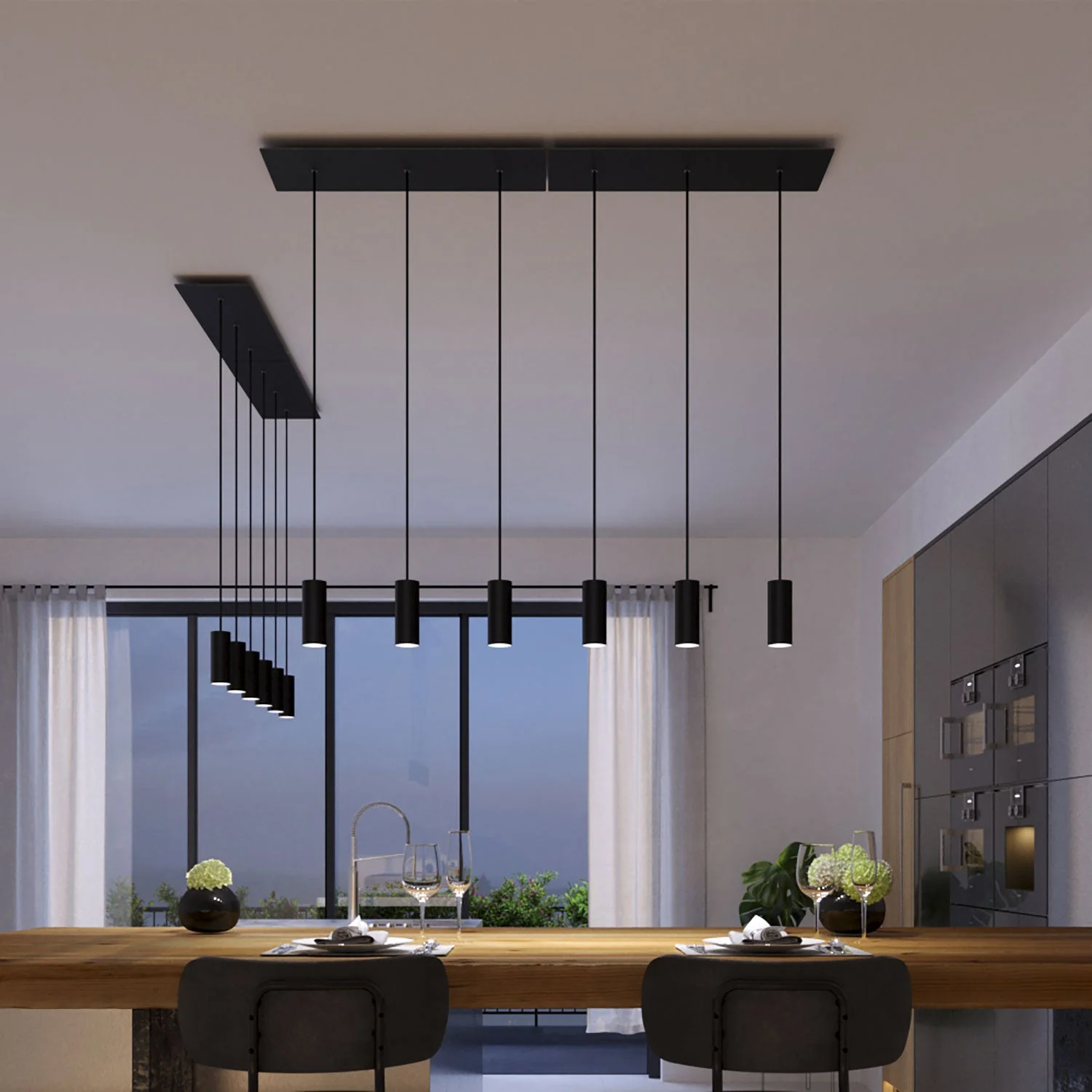 3-drop pendant lamp with XXL Rose-One rectangular 675 mm ceiling rose and Tub-E14 metal lampshade - Matt black - Image 2