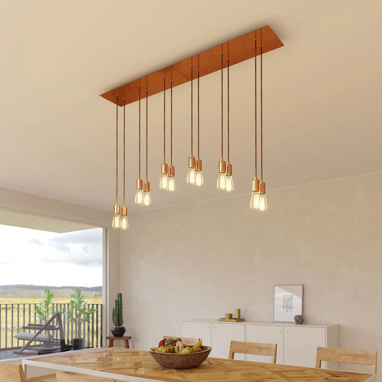6-drop pendant lamp with XXL rectangular Rose-One, 675 mm, with metal finishes - Satin copper - Image 2
