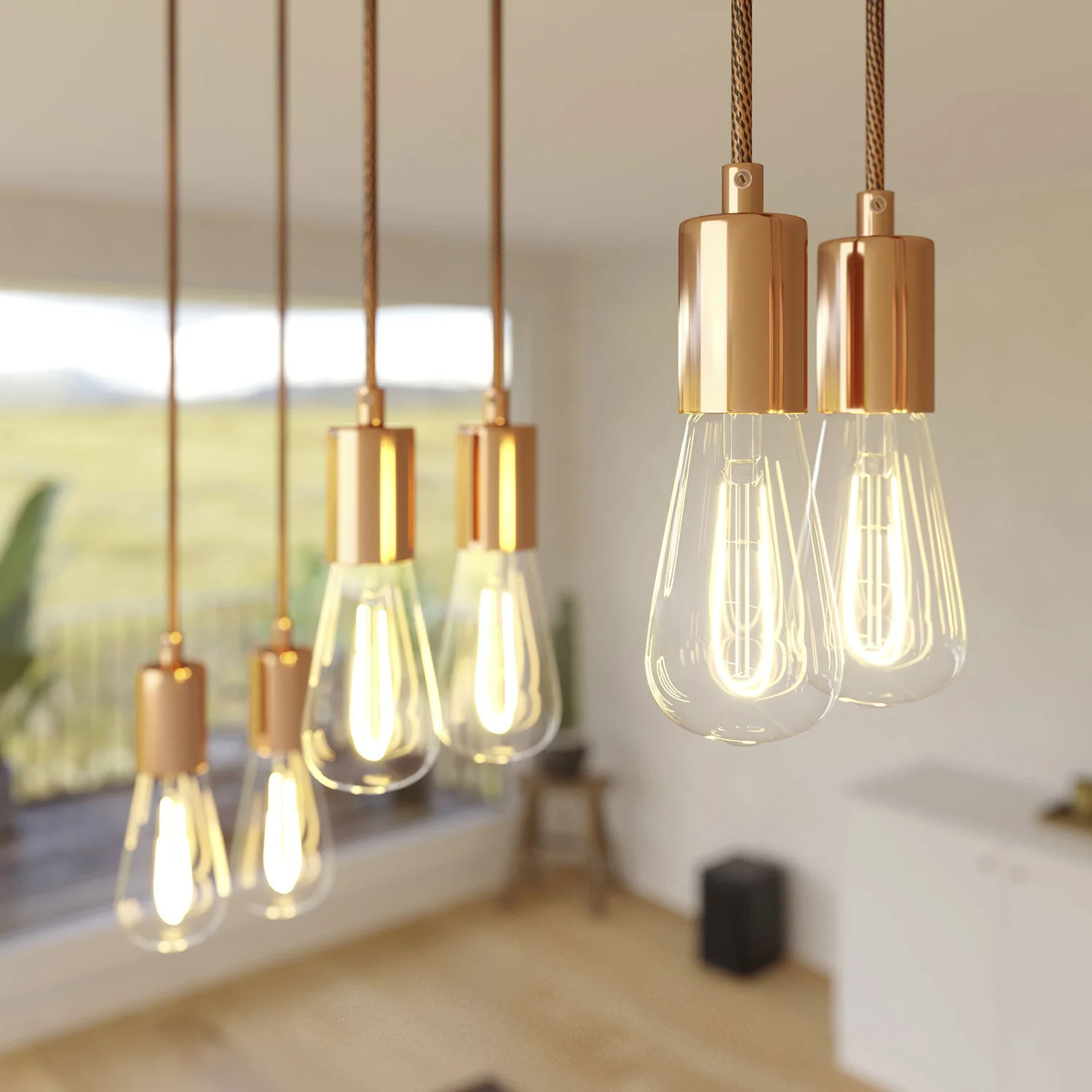 6-drop pendant lamp with XXL rectangular Rose-One, 675 mm, with metal finishes - Satin copper - Image 3