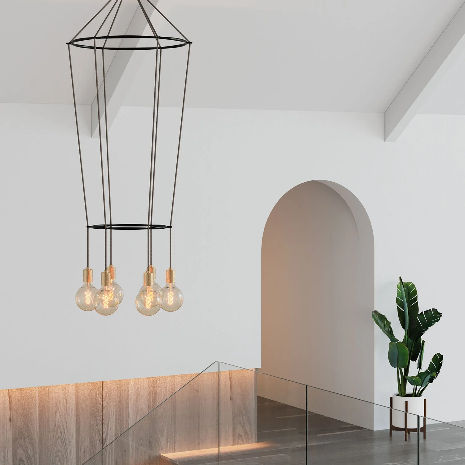 2 Cage chandelier with 6 globe drops - Brass - Image 2
