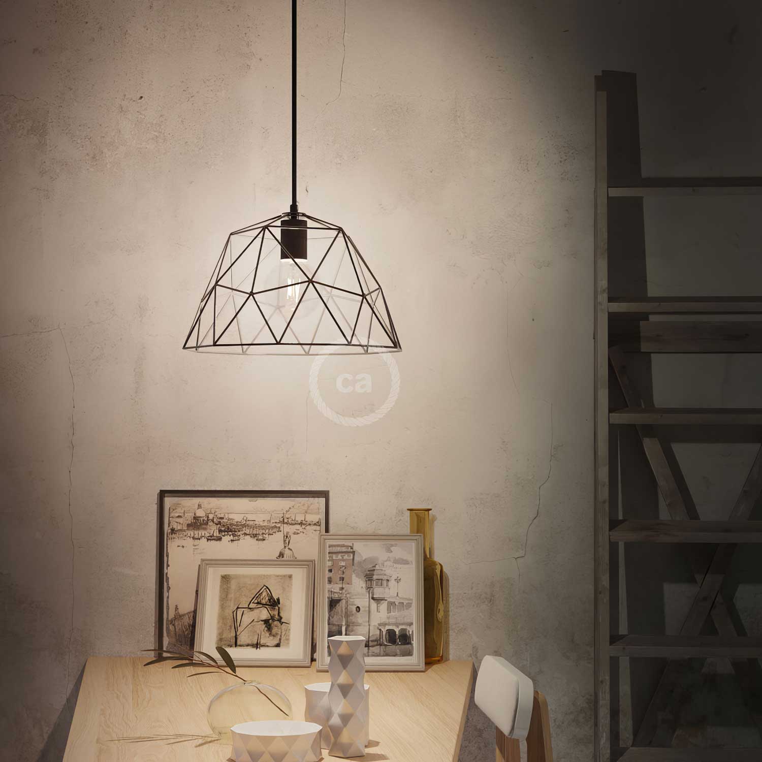 Pendant lamp complete with textile cable, Dome lampshade and metal finishes - Black - Image 2