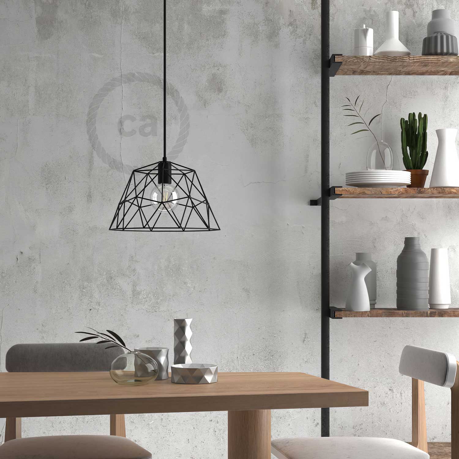 Pendant lamp complete with textile cable, Dome lampshade and metal finishes - Black - Image 3