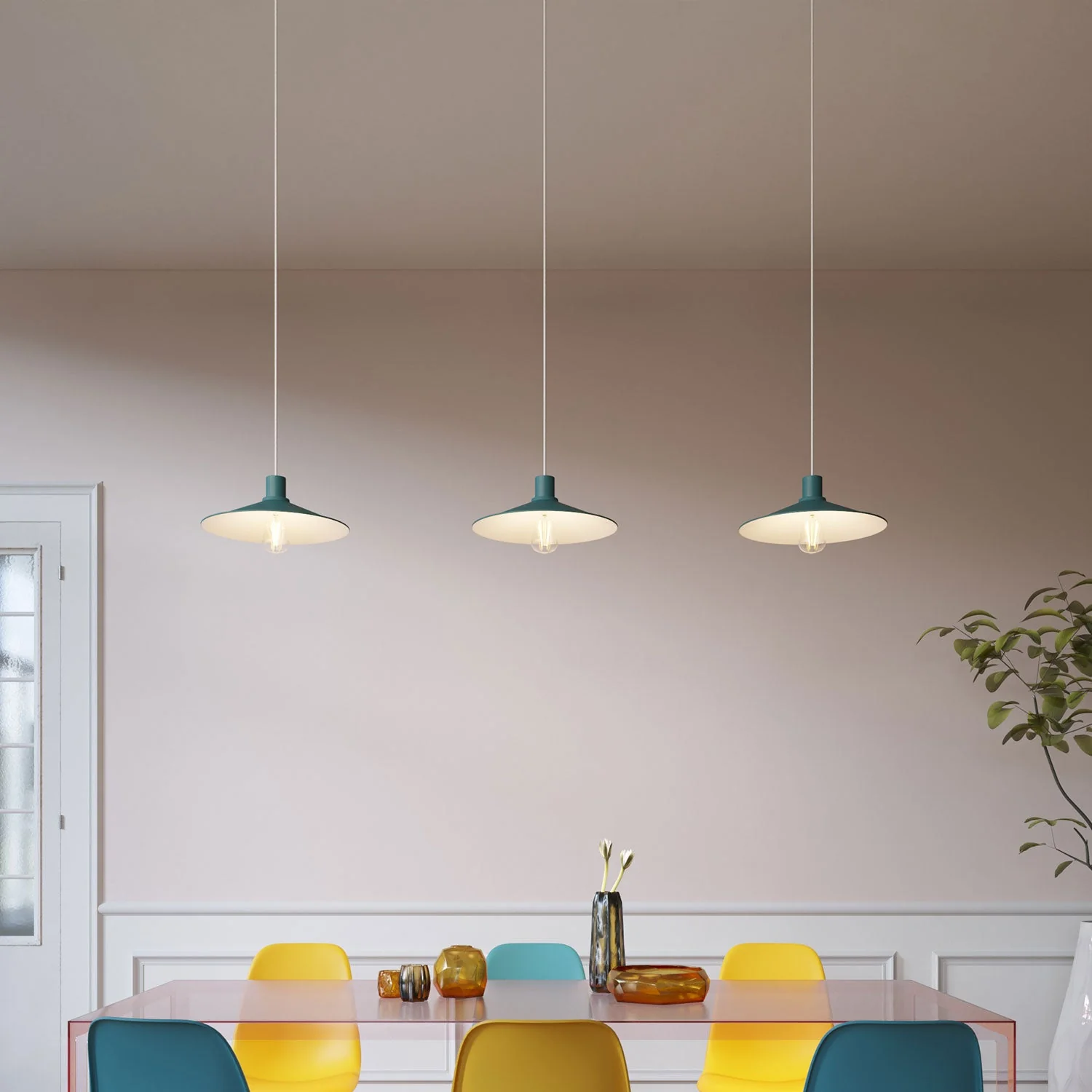 Pendant lamp complete with fabric cable, Swing Pastel lampshade and metal finishes - Petrol blue - Image 2