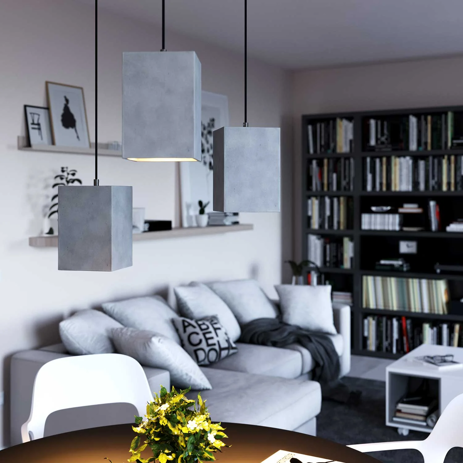 Cube cement lampshade for suspension, with cable clamp and E26 socket - Light cement - Image 2