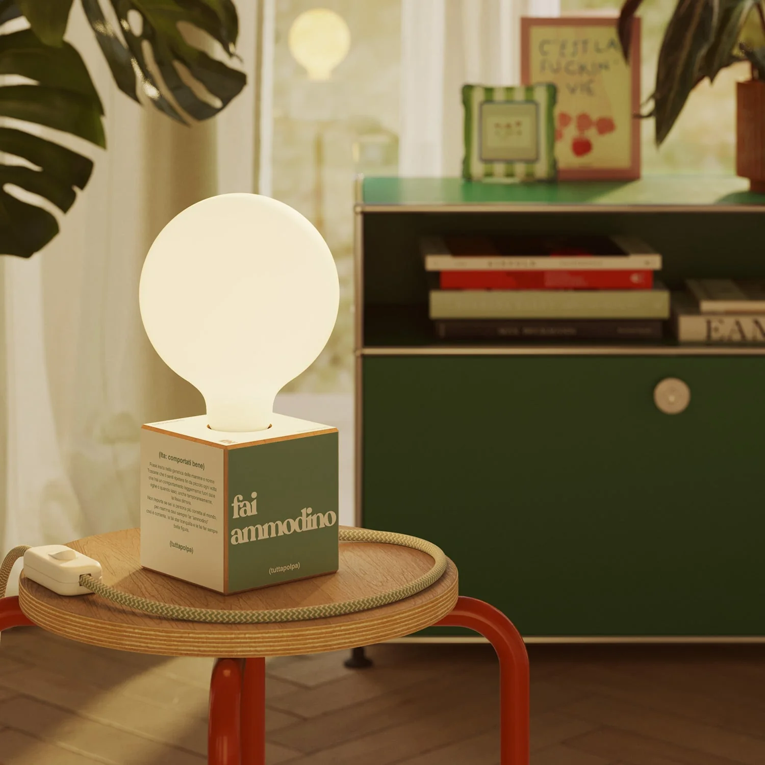 Cubetto table lamp with US plug, "Fai ammodino" porcelain effect globe bulb - Tuttapolpa - Image 2