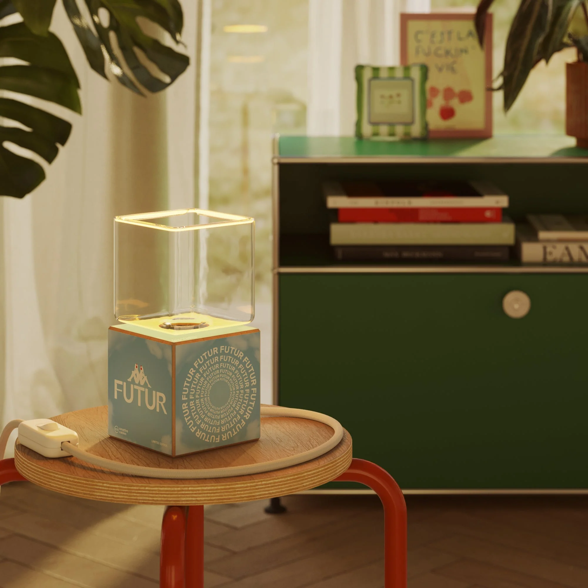Cubetto table lamp with US plug, "Futur" Ghost bulb - Futur Festival - Image 2