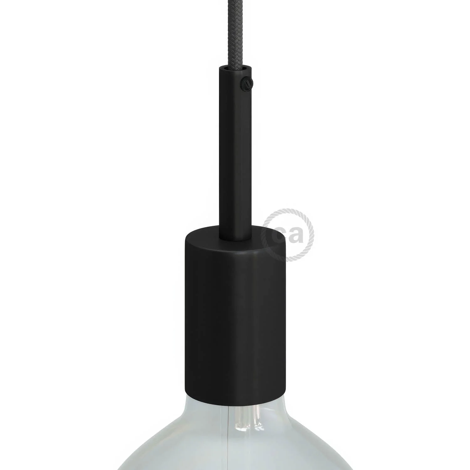Cylindrical metal UL E26 light bulb socket kit with 7 cm cable clamp - Black