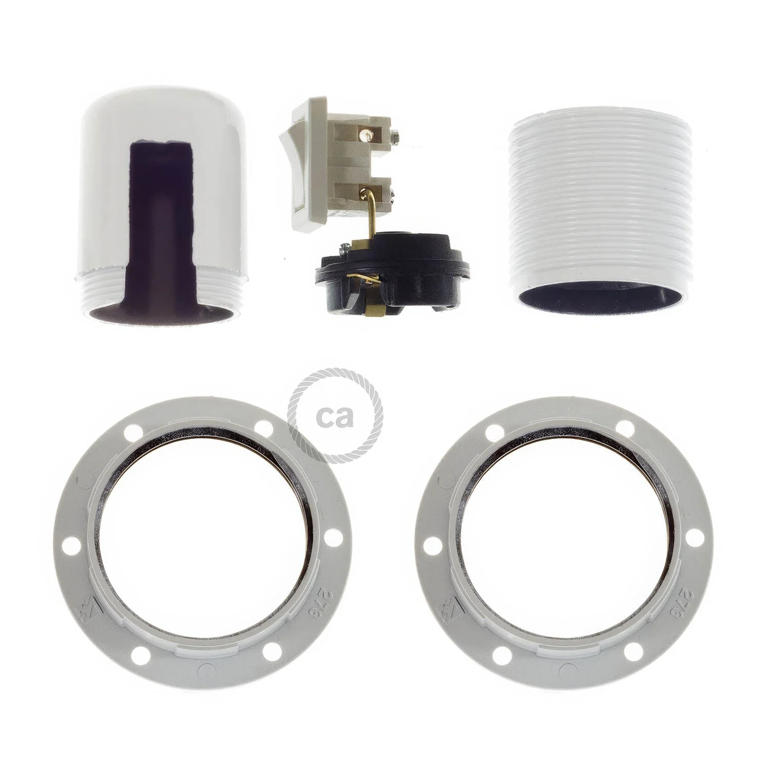 E27 bakelite lamp holder kit with double ring for lampshade and switch - White - Image 2