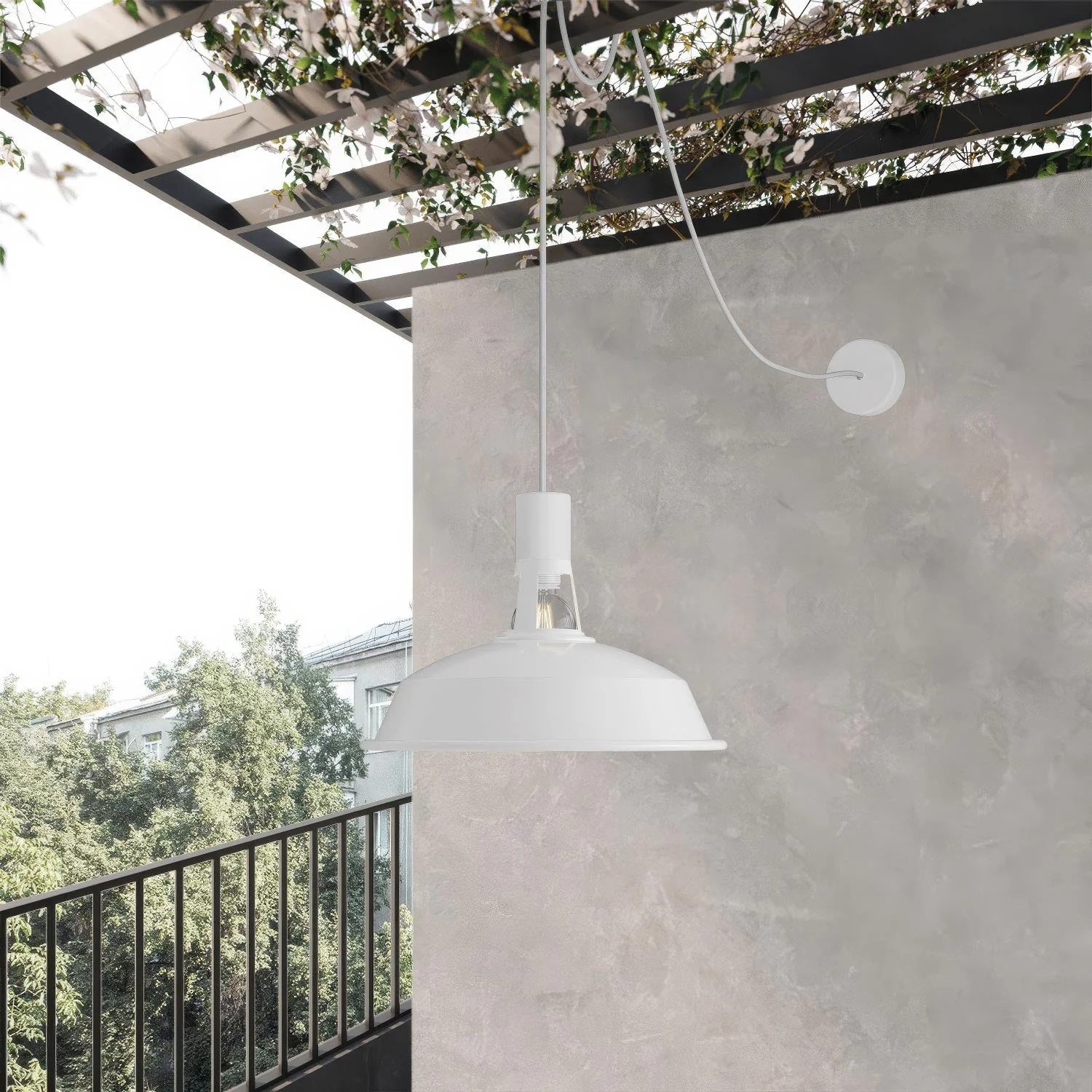 EIVA outdoor pendant lamp with shade, fabric cable, decentralizer, canopy and wet‑location socket - White - Image 2