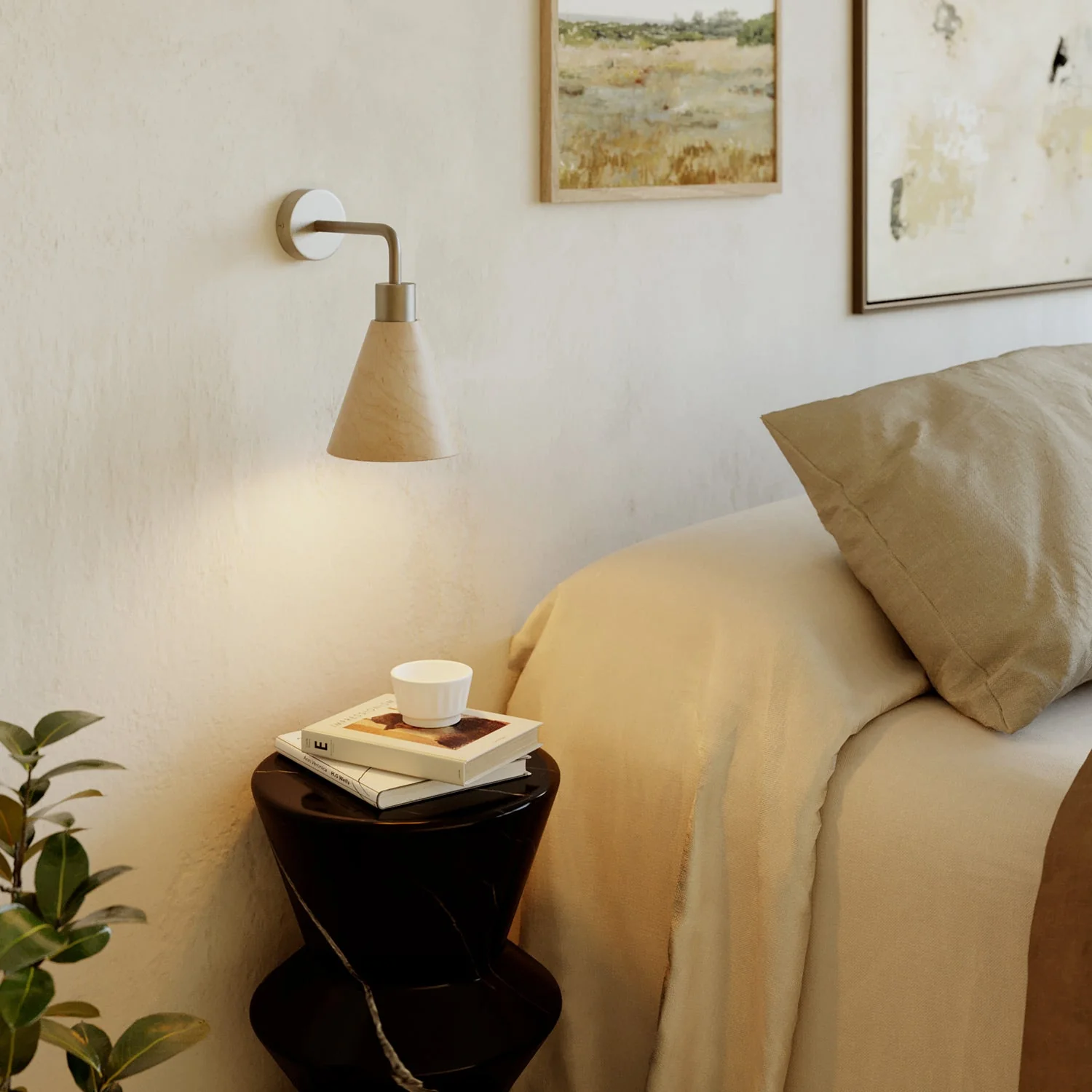 Fermaluce lamp with conical wooden lampshade and curved extension - Satin titanium - Image 2
