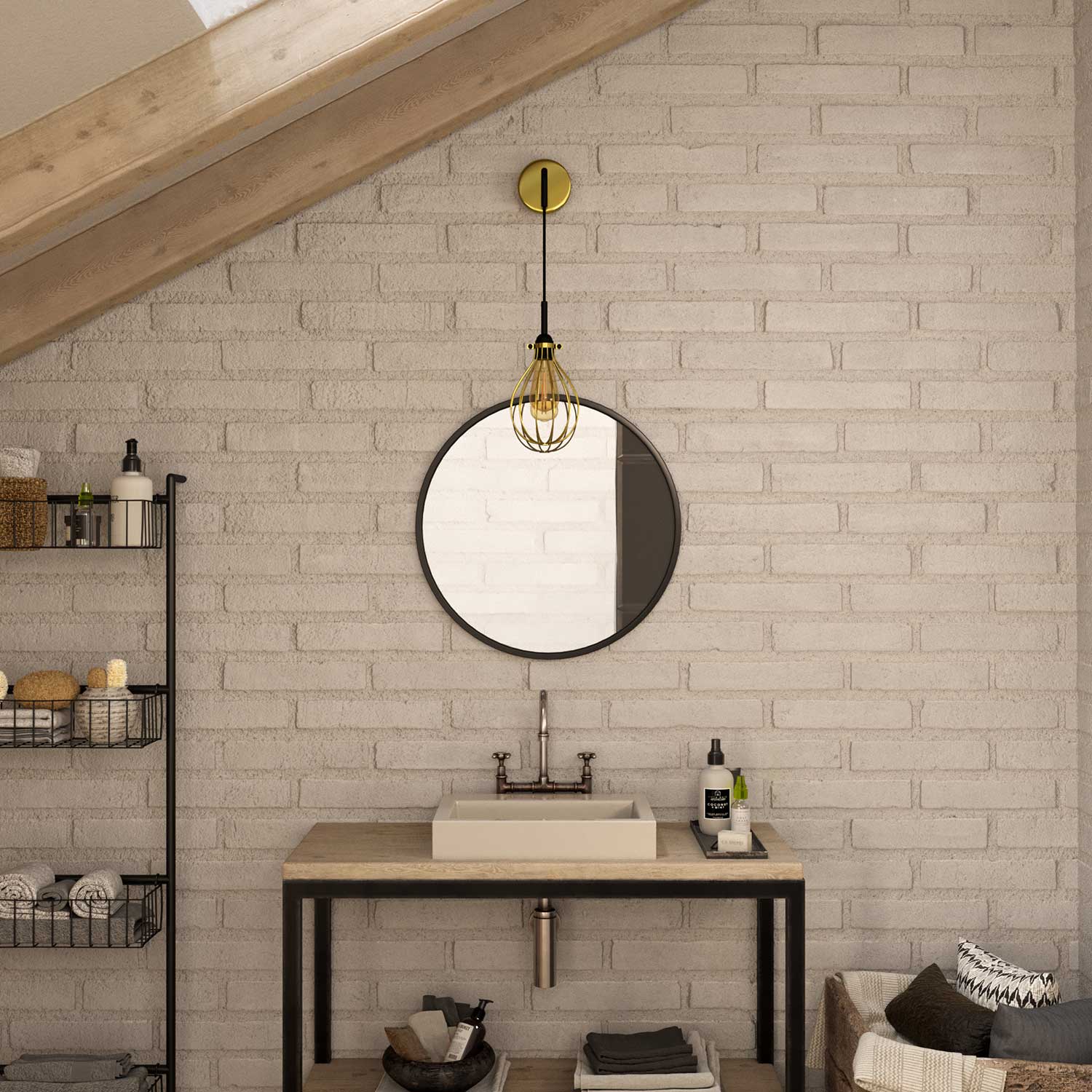 Fermaluce Metal with Drop lampshade, metal wall lamp with curved extension and fabric cable - Brass - Image 2
