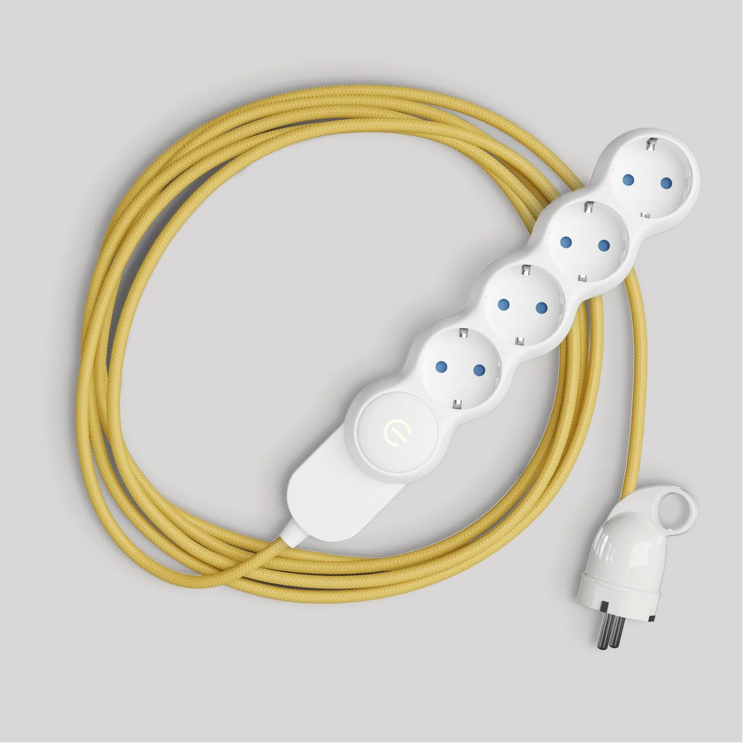 German multi-socket with glossy yellow fabric cord and Schuko plug with comfort ring