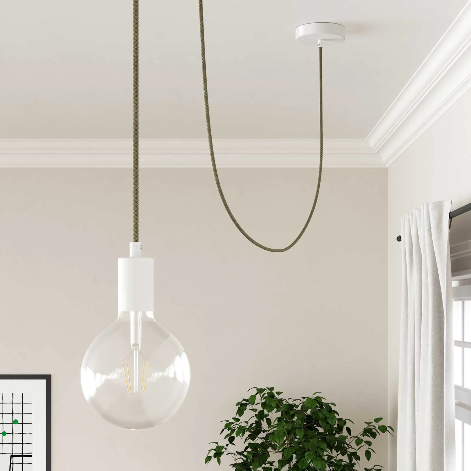 Green Thyme and Beige Losanga fabric cable - The Original Creative Cables, for unique lighting decorations - RD62 - Image 4