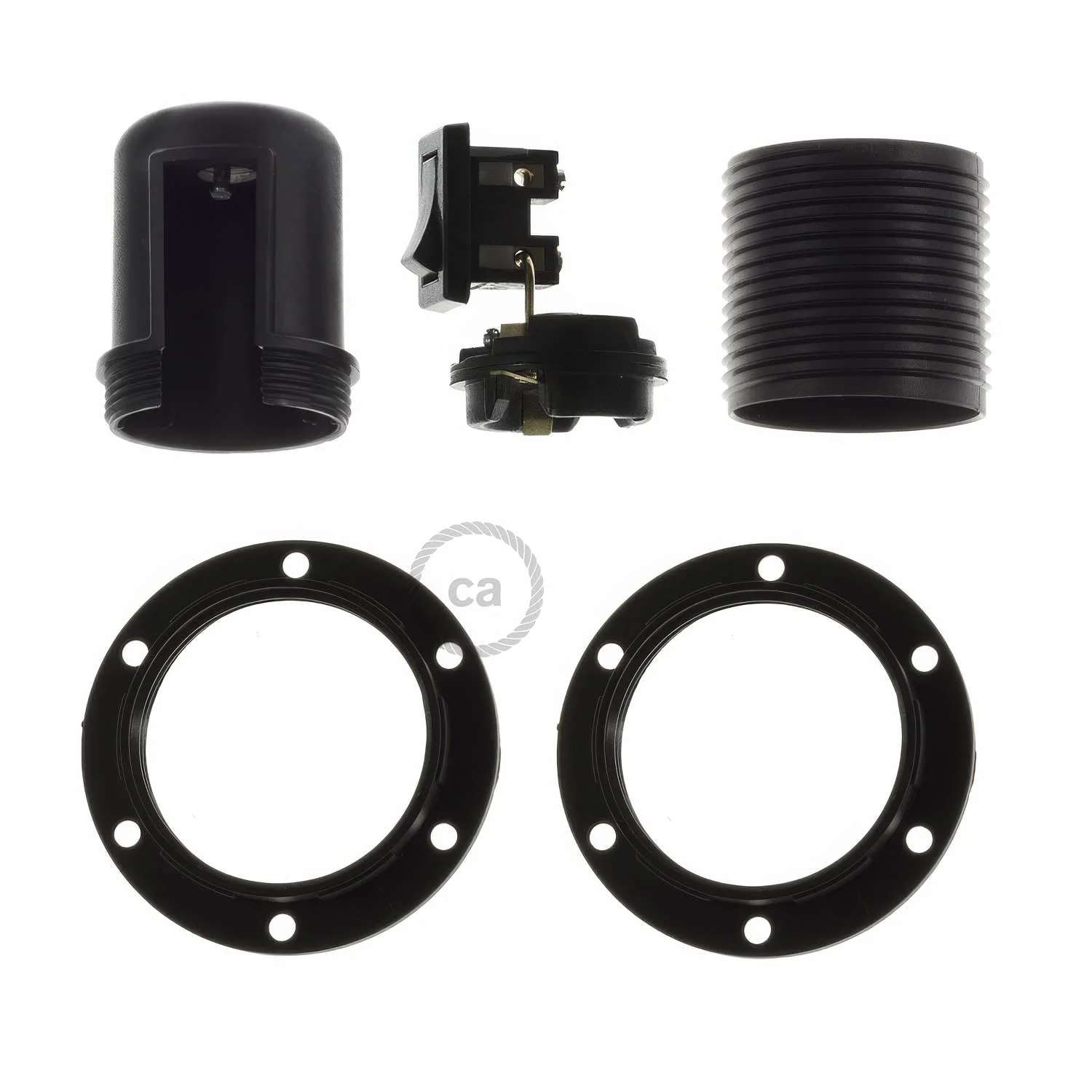 E27 thermoplastic lamp holder kit with double ring for lampshade and switch - Black - Image 2