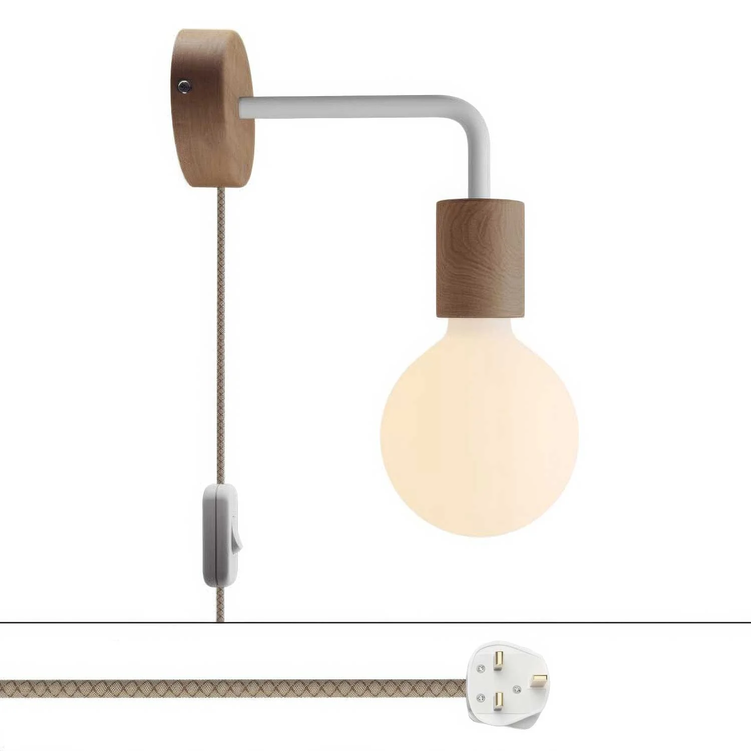 Spostaluce lamp in wood with curved extension and UK plug – Neutral