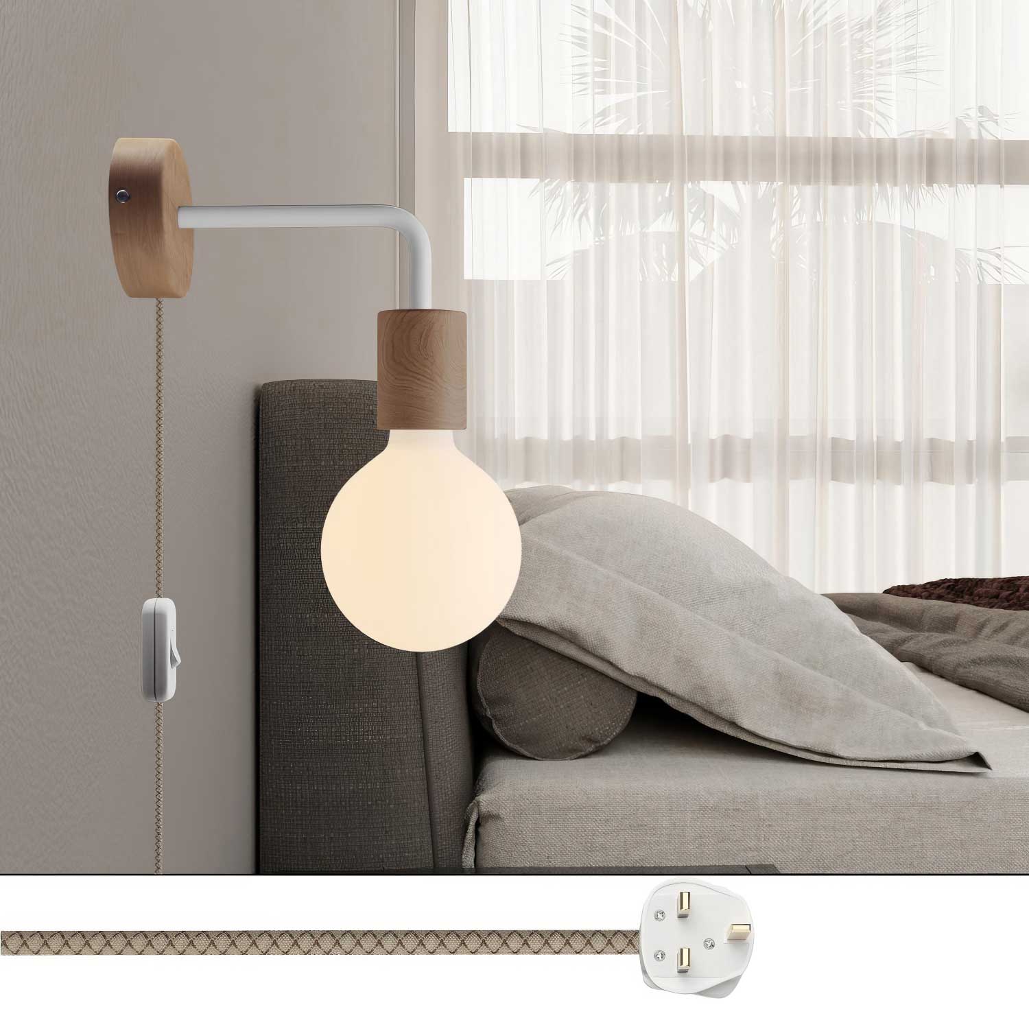 Spostaluce lamp in wood with curved extension and UK plug – Neutral - Image 2