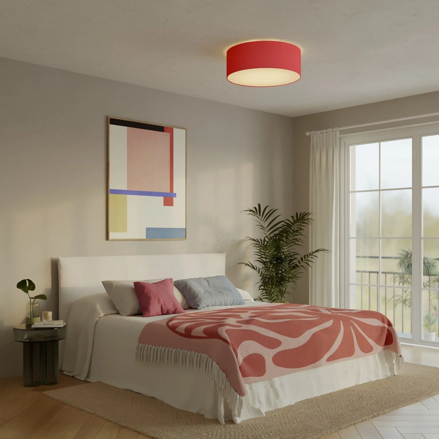 Large Fabric Ceiling Light - Made in Italy - Red Teletta - Image 2