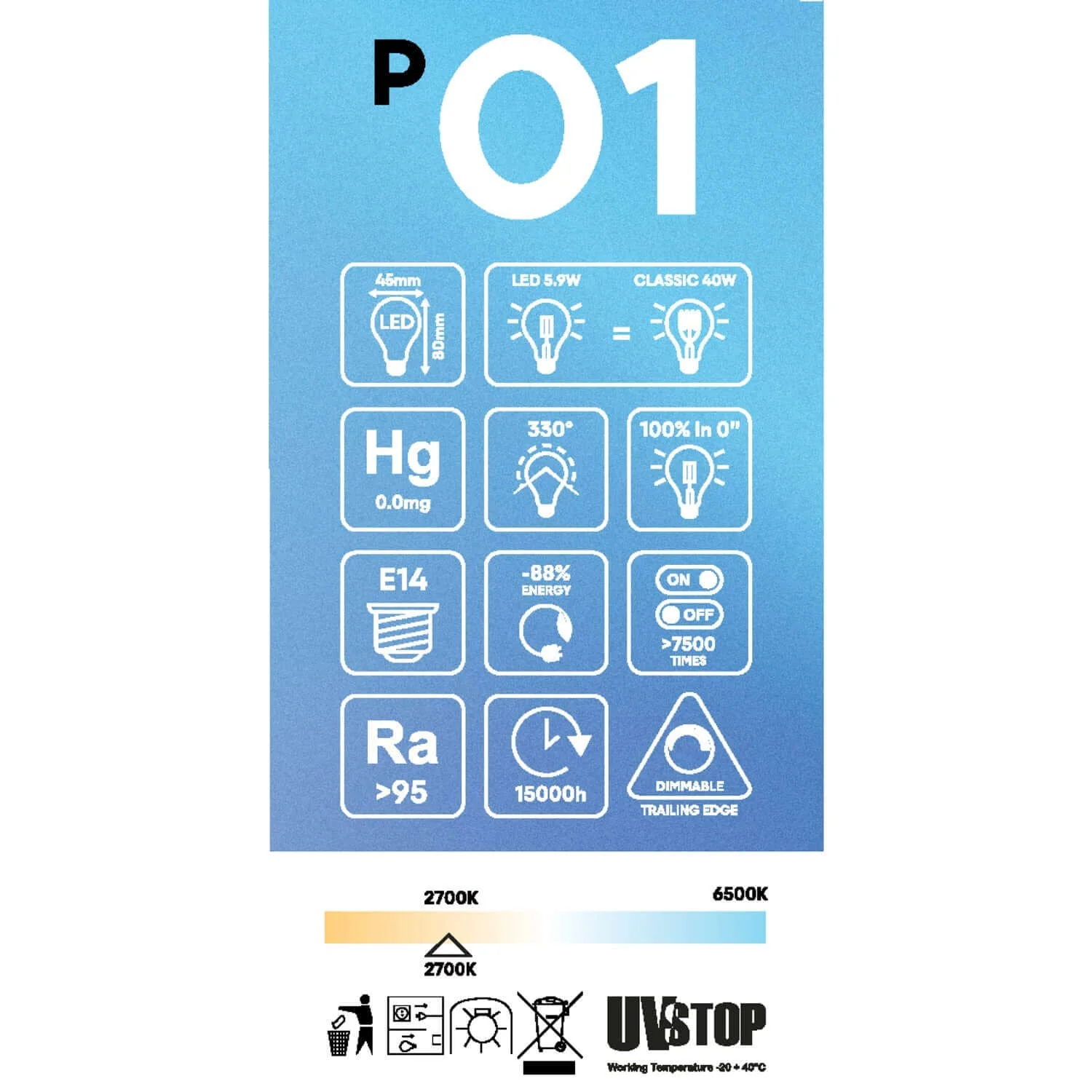 Light bulb LED Porcelain Effect CRI 95 G45 5.9W 550Lm E14 2700K Dimmable - P01 - Image 5