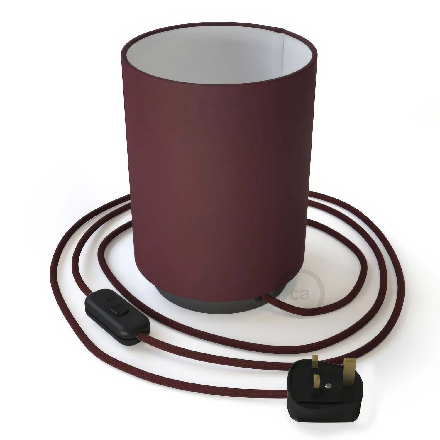 Posaluce in metal with Cilindro Teletta Bordeaux lampshade and UK plug – Bordeaux fabric