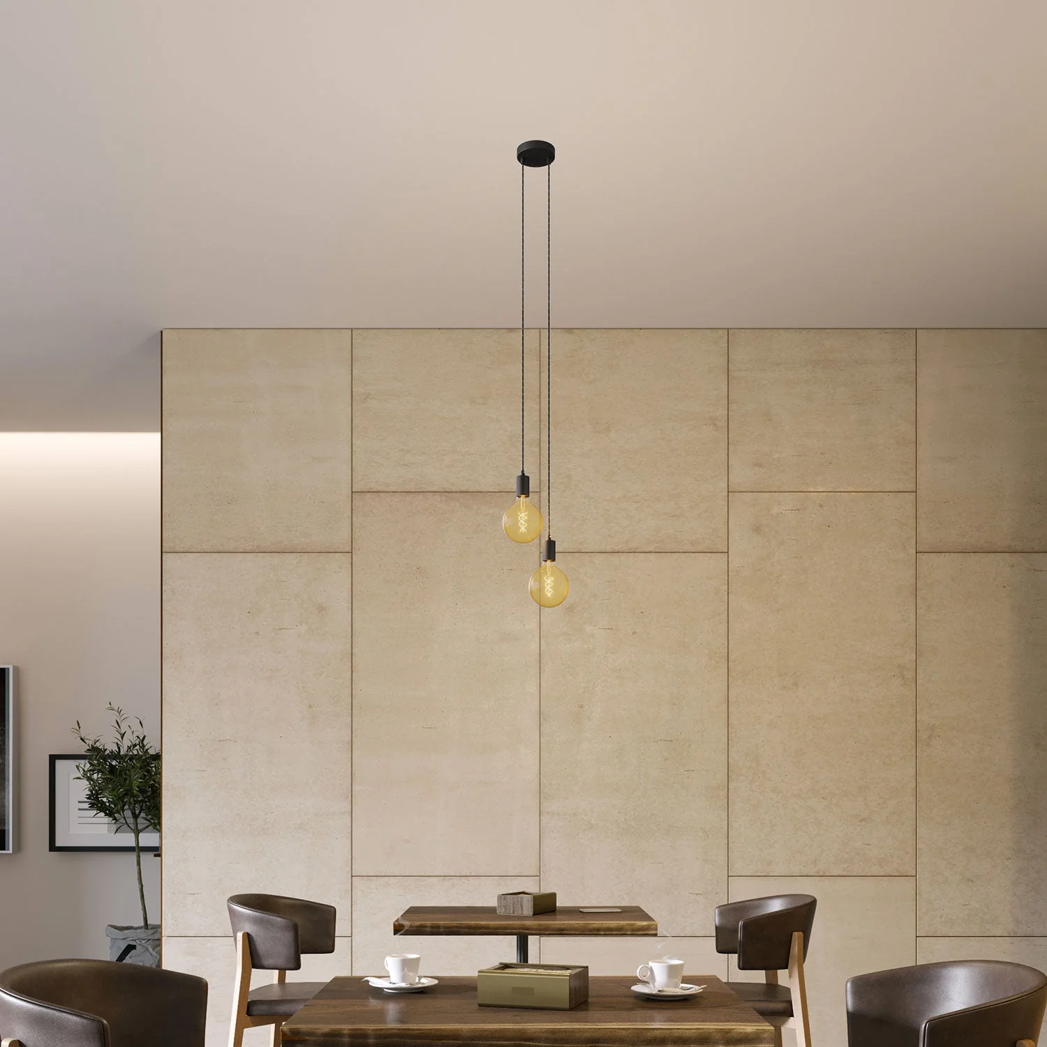 Multiple pendant lamp with 2 drops and metal finishes - Black - Image 2