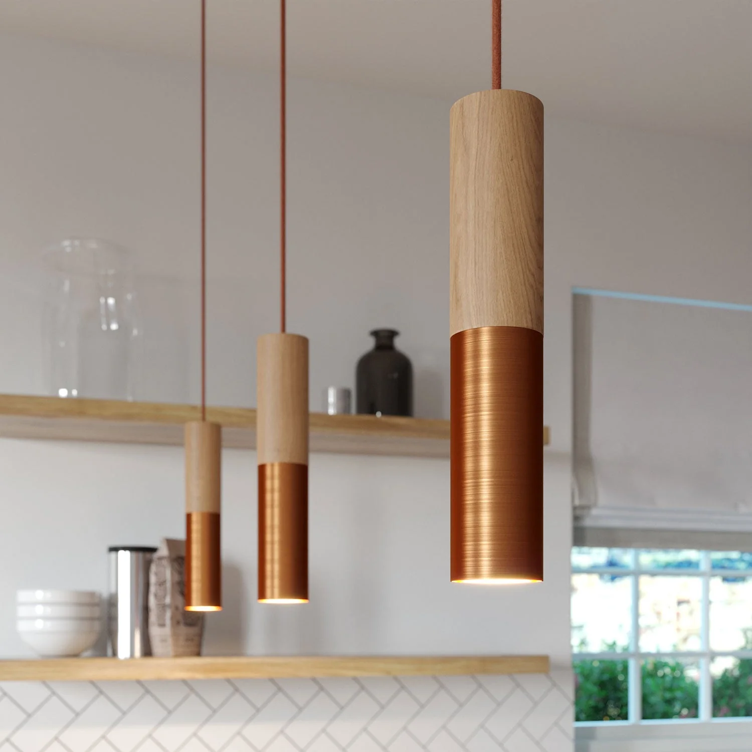 Pendant lamp complete with textile cable and double Tub-E14 lampshade in wood and metal - Satin copper - Image 4