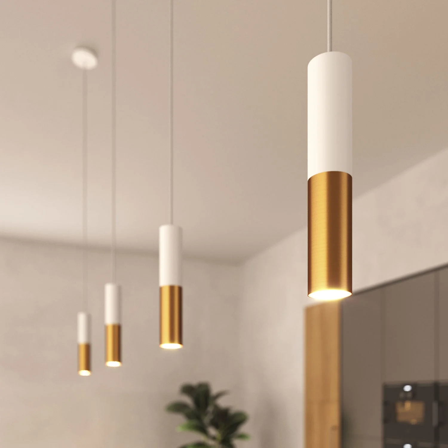 Pendant lamp complete with fabric cable and double Tub-E14 lampshade - Matt white and Satin bronze - Image 3