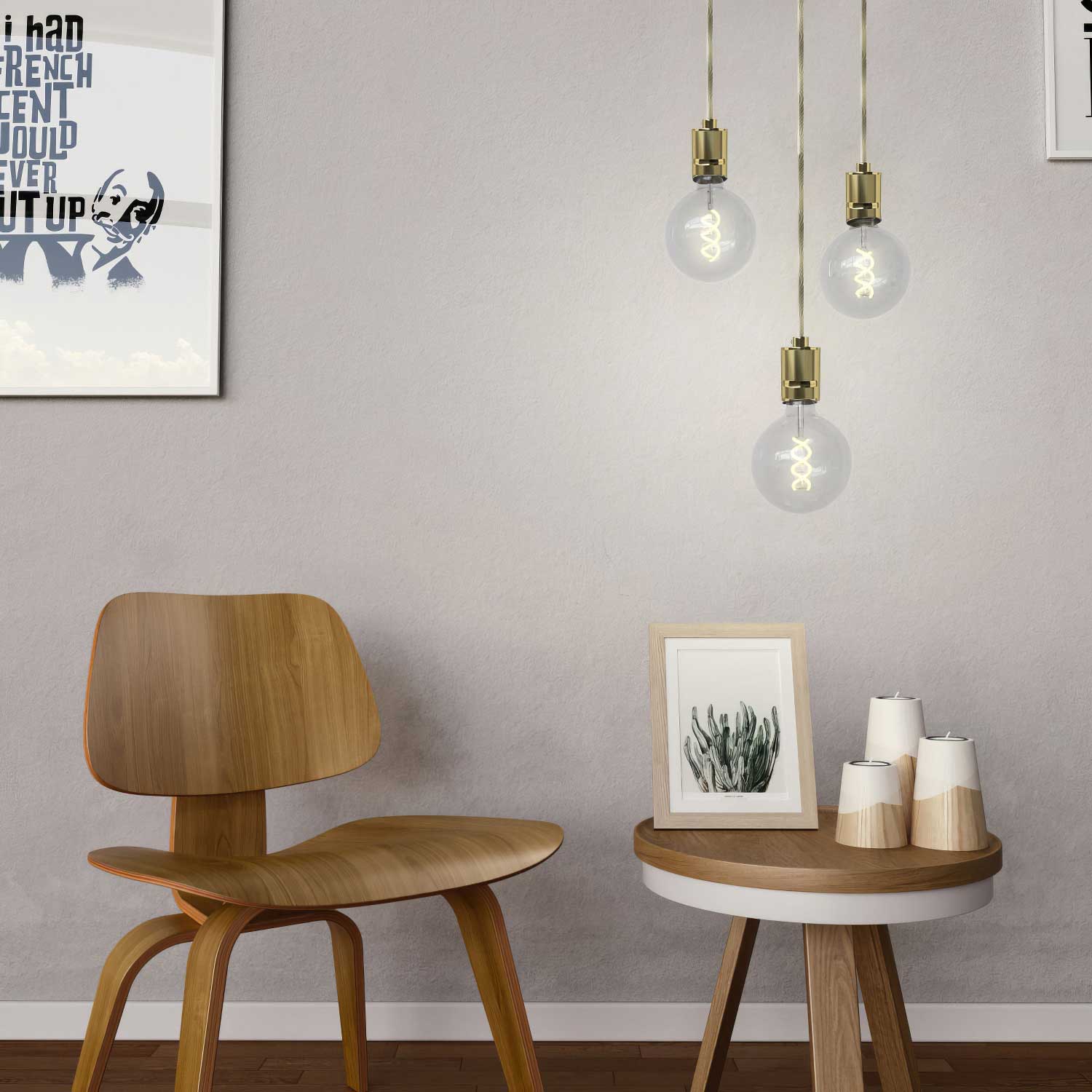 Pendant lamp complete with fabric cable and knurled aluminium lamp holder - Brass - Image 2