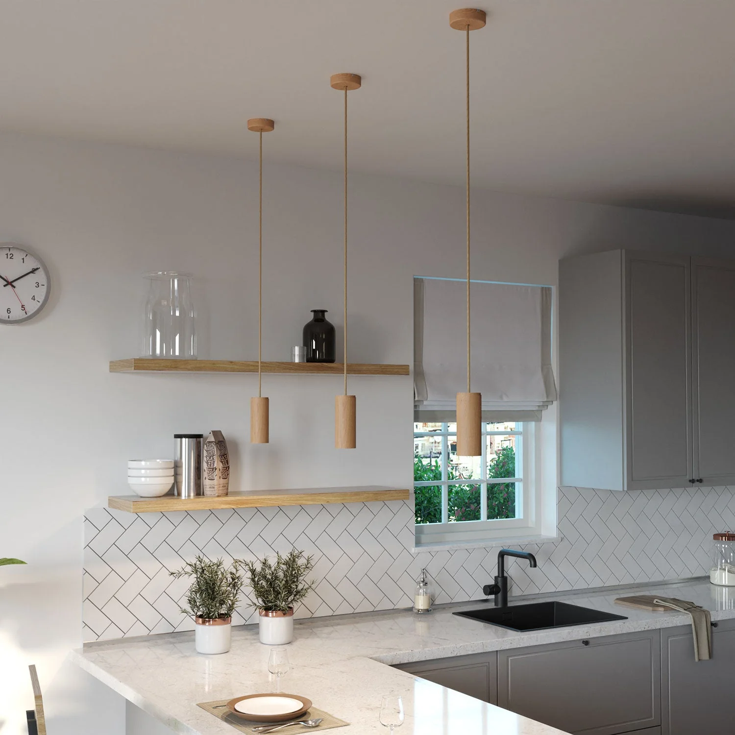 Pendant lamp complete with fabric cable and Tub-E14 wooden lampshade - Neutral - Image 2