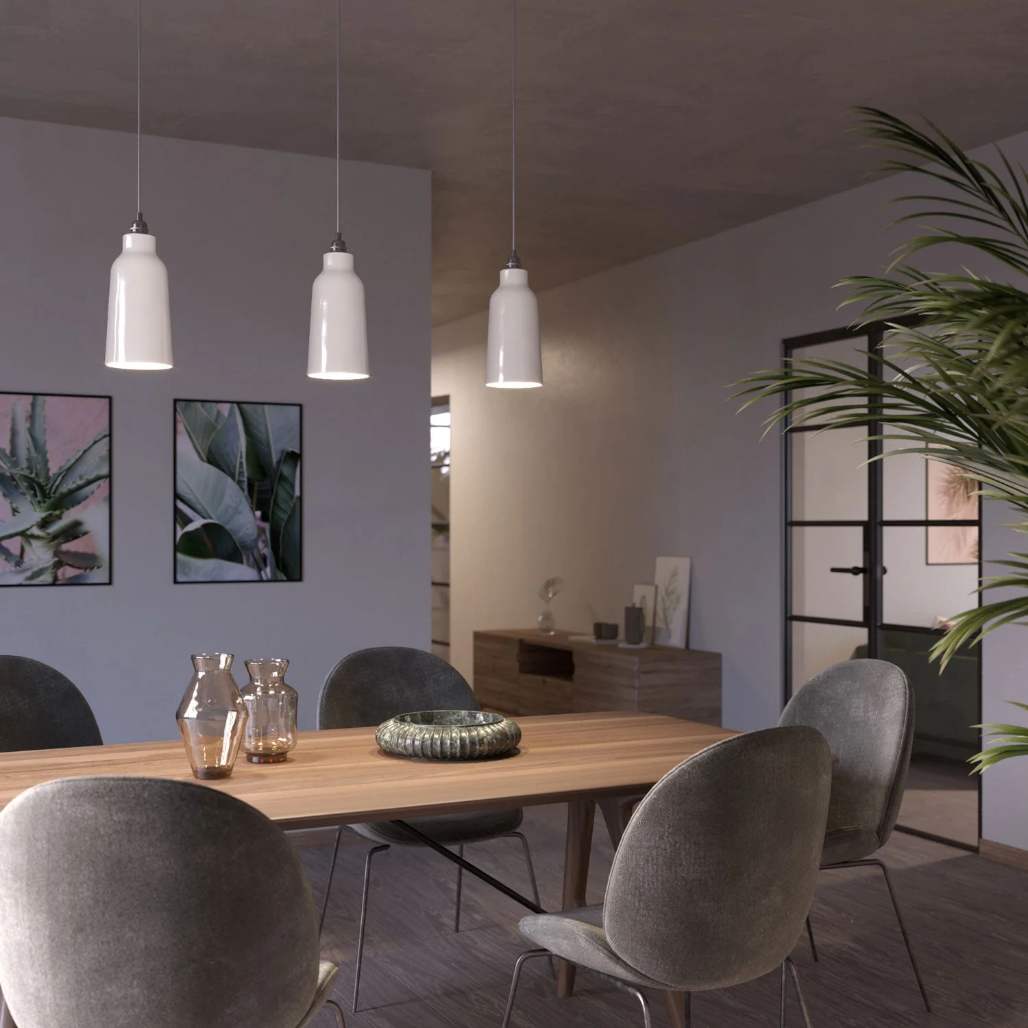 Pendant lamp complete with fabric cable, Bottiglia ceramic lampshade and metal fittings - Glossy white - Image 2