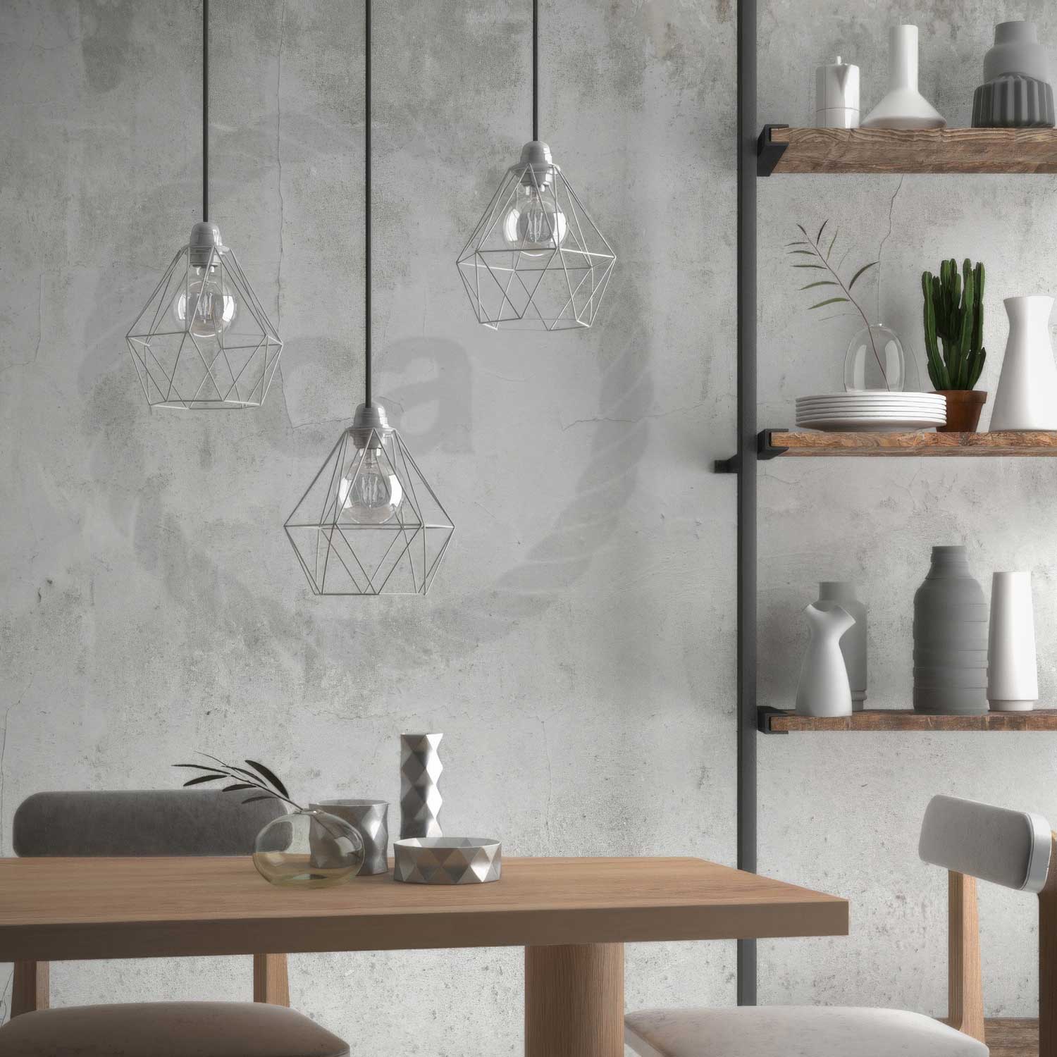 Pendant lamp complete with fabric cable, Diamond cage lampshade and metal finishes - White - Image 3