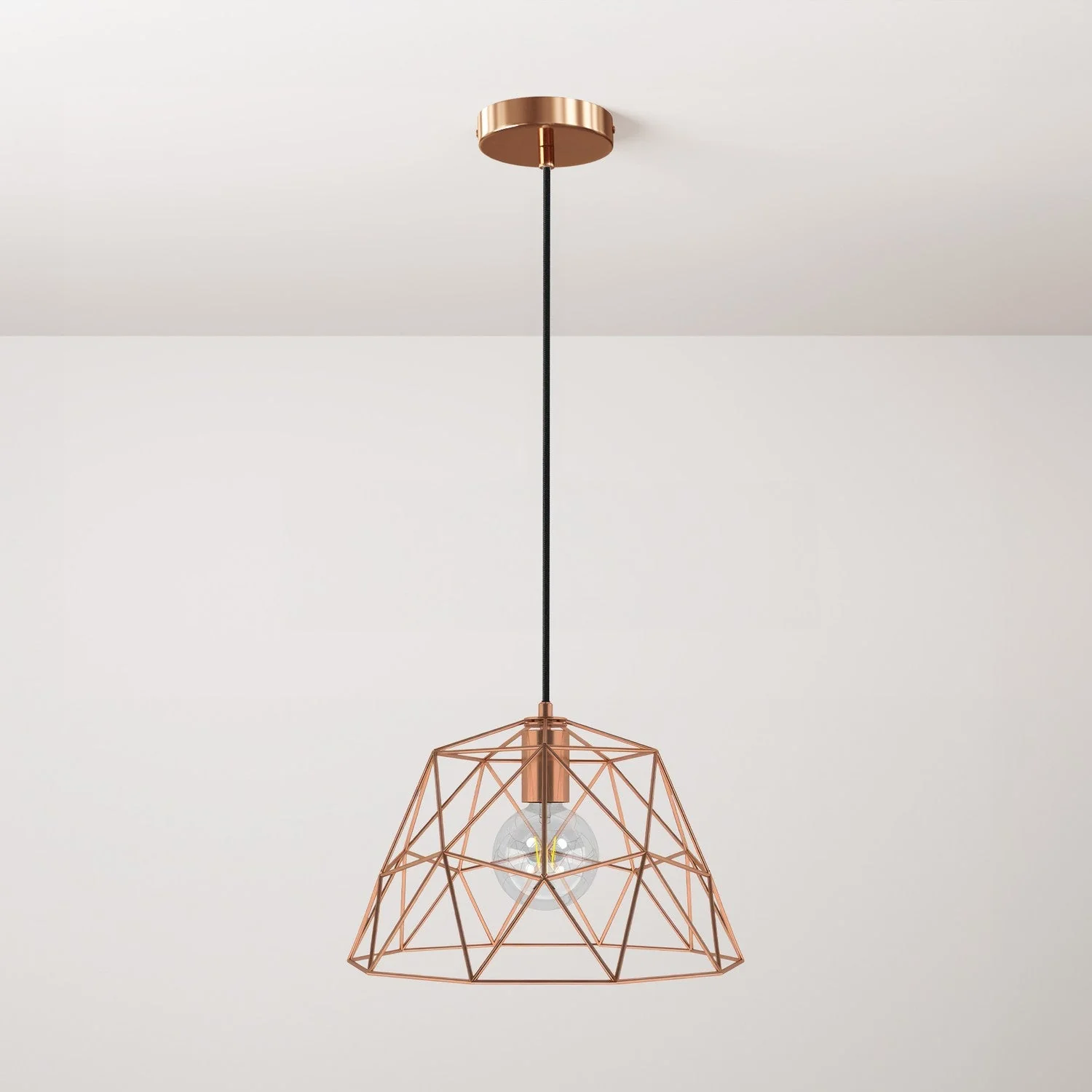 Pendant lamp complete with textile cable, Dome lampshade and metal finishes - Copper