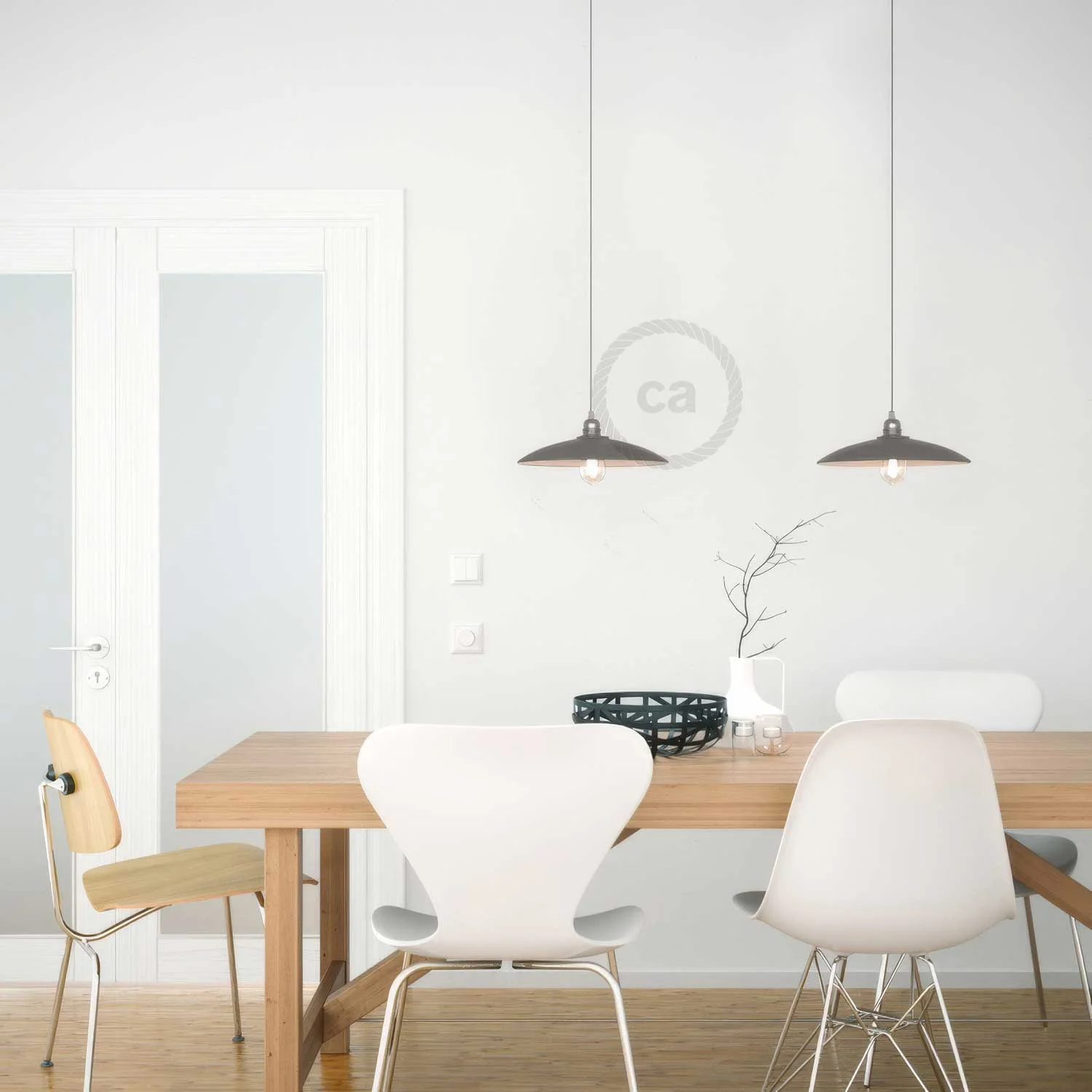 Pendant lamp complete with fabric cable, Piatto ceramic lampshade and metal finishes - Concrete effect - Image 2