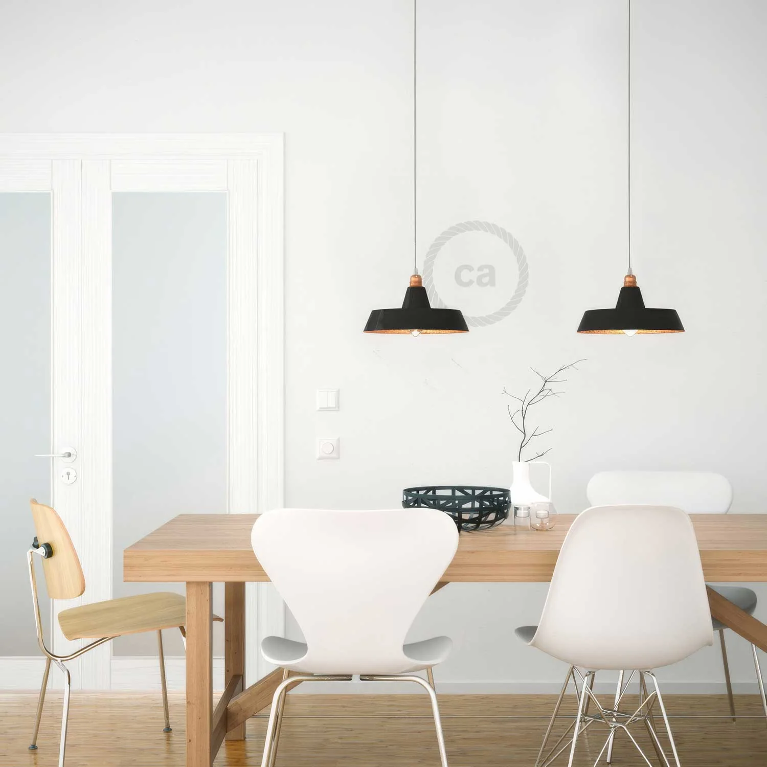 Pendant lamp complete with textile cable, industrial ceramic lampshade and metal fittings - Black - Image 2