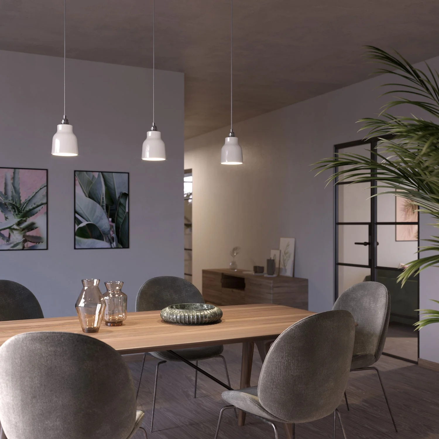 Pendant lamp complete with textile cable, Vaso ceramic lampshade and metal fittings - Glossy white - Image 2
