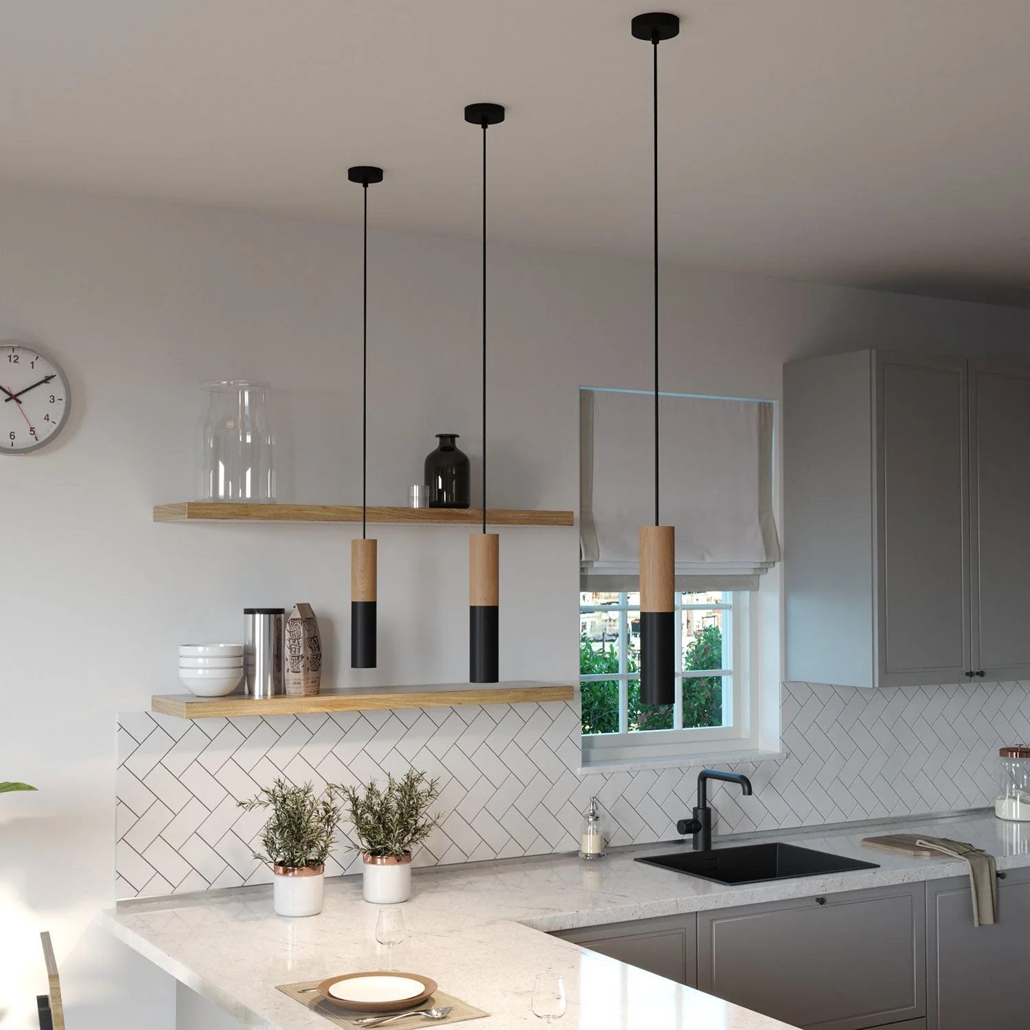 Pendant lamp complete with fabric cable and double Tub-E14 lampshade in wood and metal - Black - Image 3