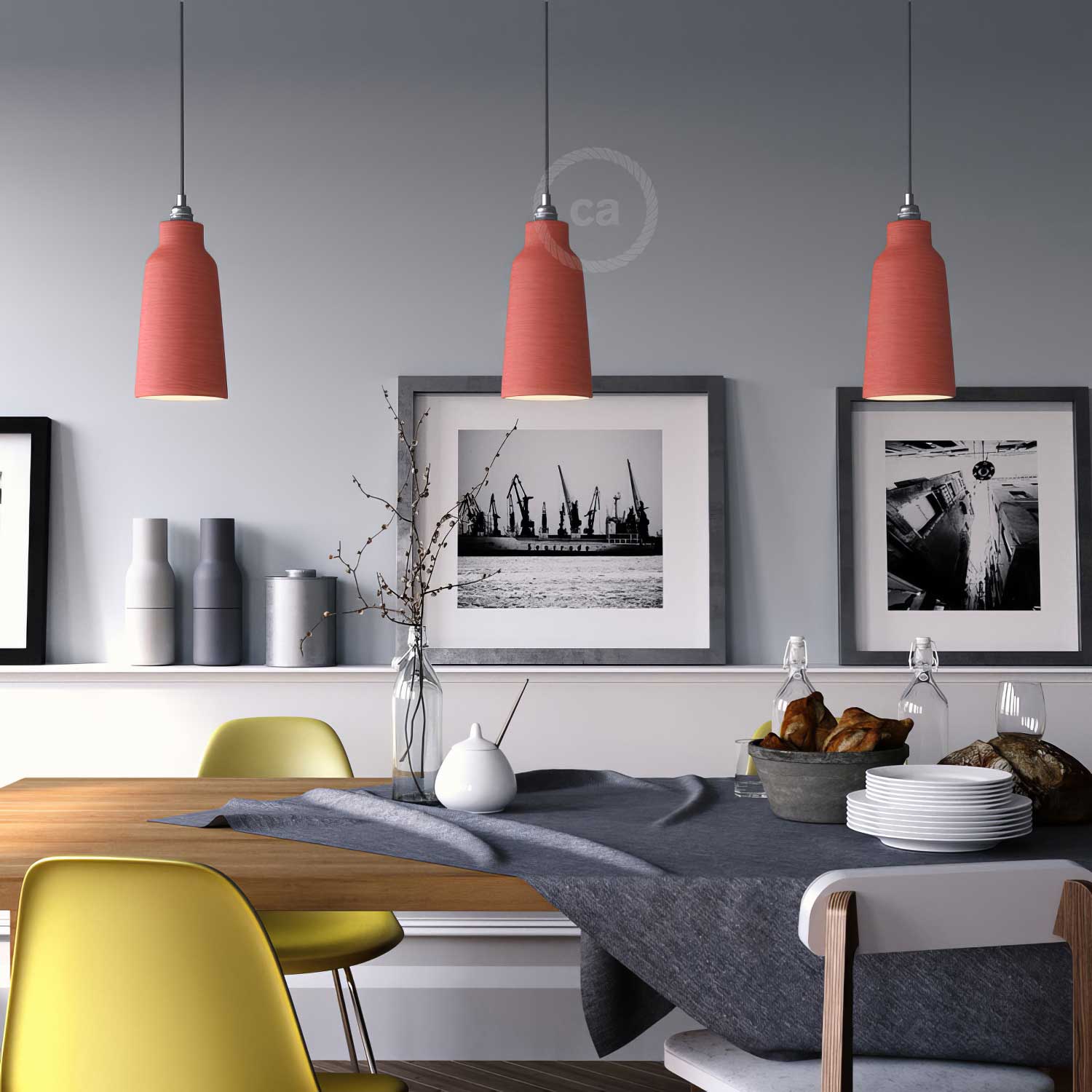 Pendant lamp complete with textile cable, Bottle ceramic lampshade and metal finishes - Striated coral - Image 2
