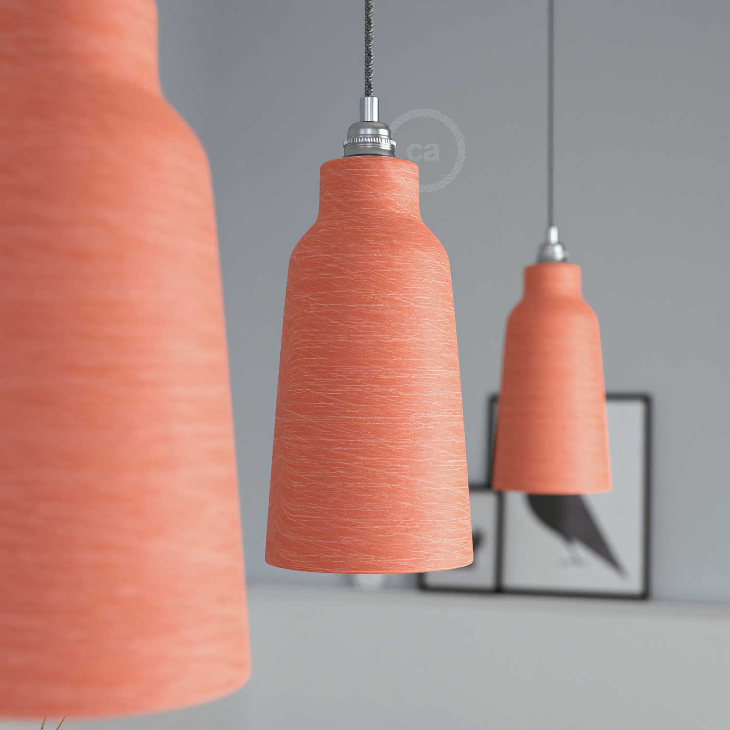 Pendant lamp complete with textile cable, Bottle ceramic lampshade and metal finishes - Striated coral - Image 3