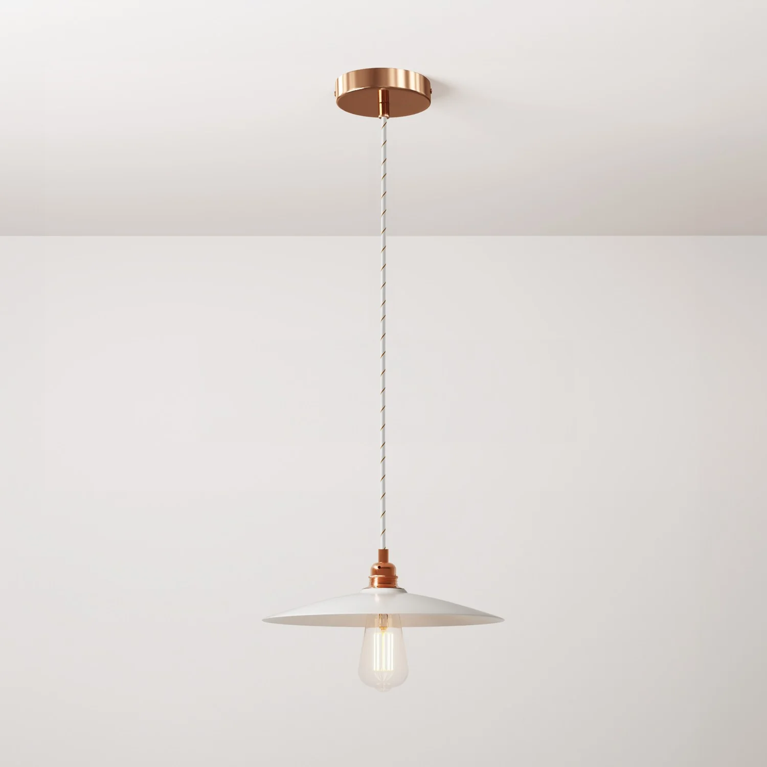 Pendant lamp complete with fabric cable, Piatto ceramic lampshade and metal finishes - Glossy white