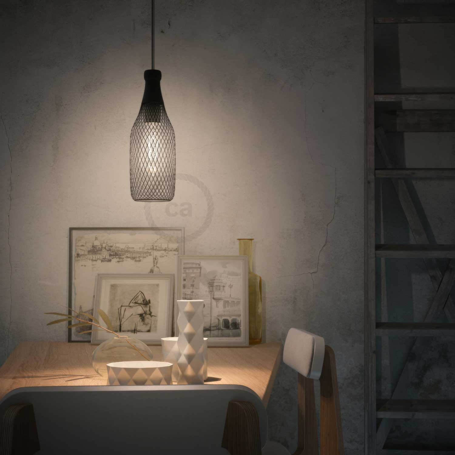 Complete pendant lamp with fabric cable, Magnum bottle lampshade and metal finishes – Black - Image 2