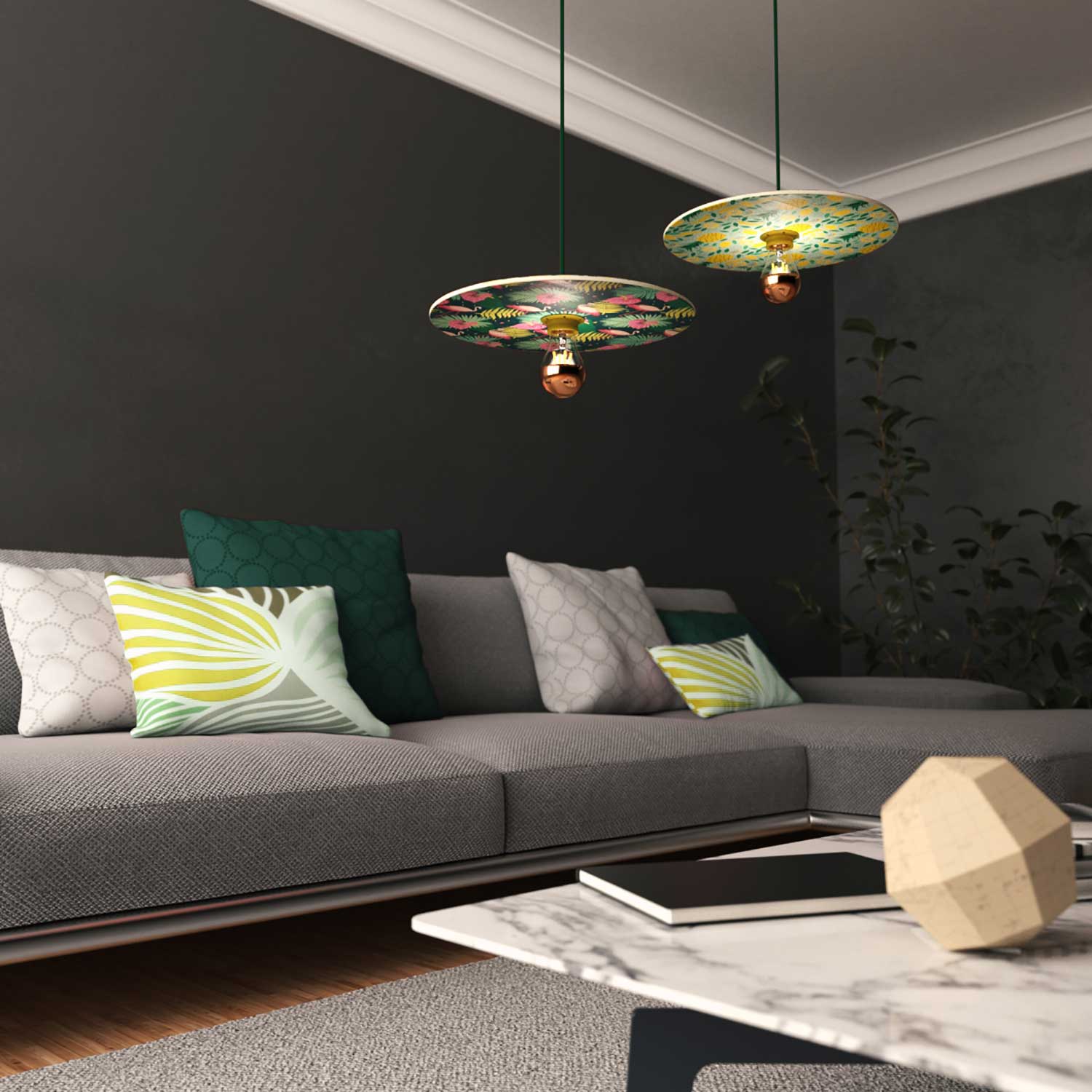 Pendant lamp complete with textile cable, UFO double-sided wooden lampshade and metal finishes - Annachiara Zaminato - Image 4