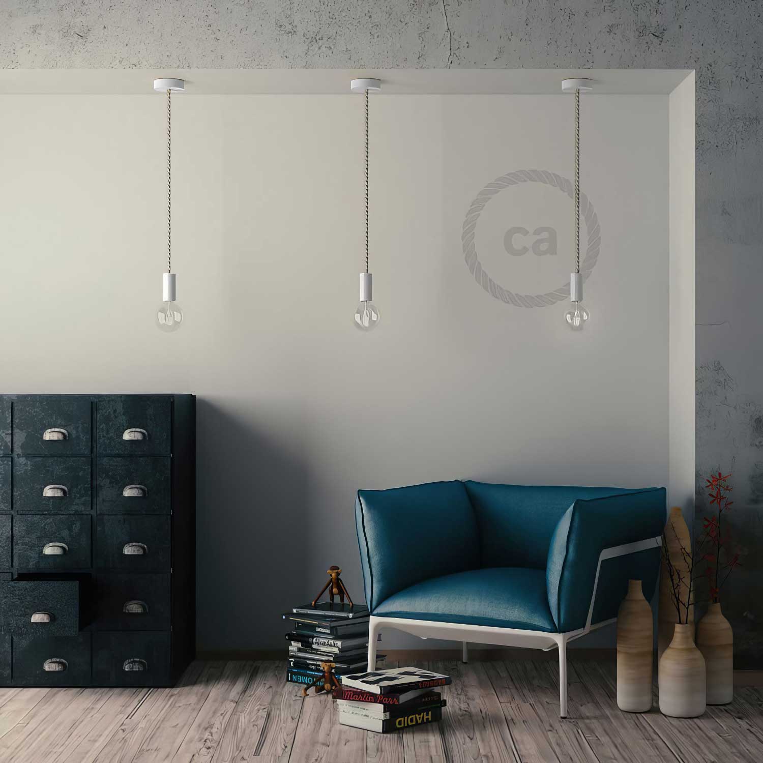 Pendant lamp complete with XL 16 mm nautical cord and painted wood finishes - White - Image 3