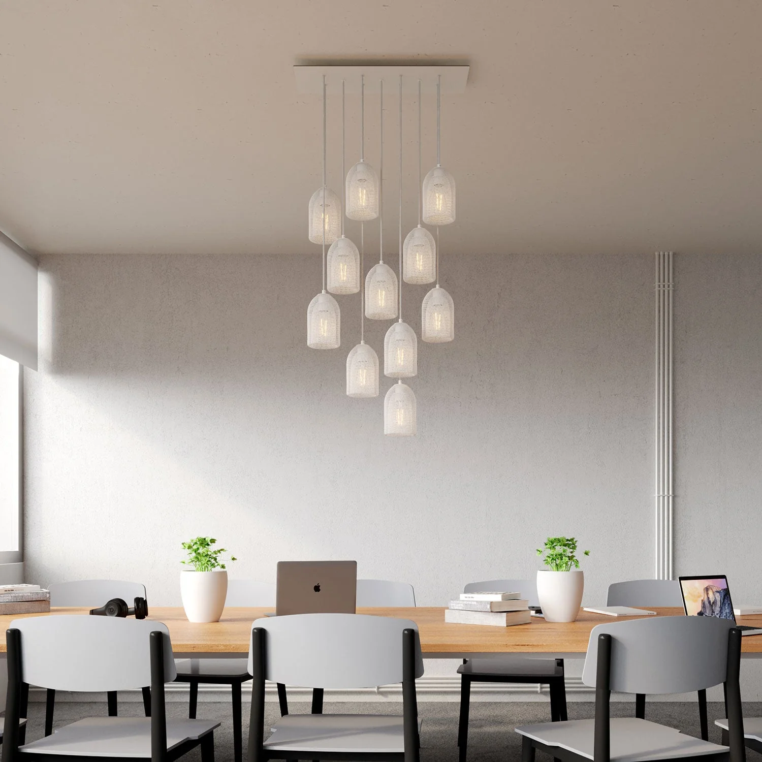 11-drop pendant lamp with XXL Rose-One rectangular 675 mm and Ghostbell metal lampshade - Matt white - Image 2