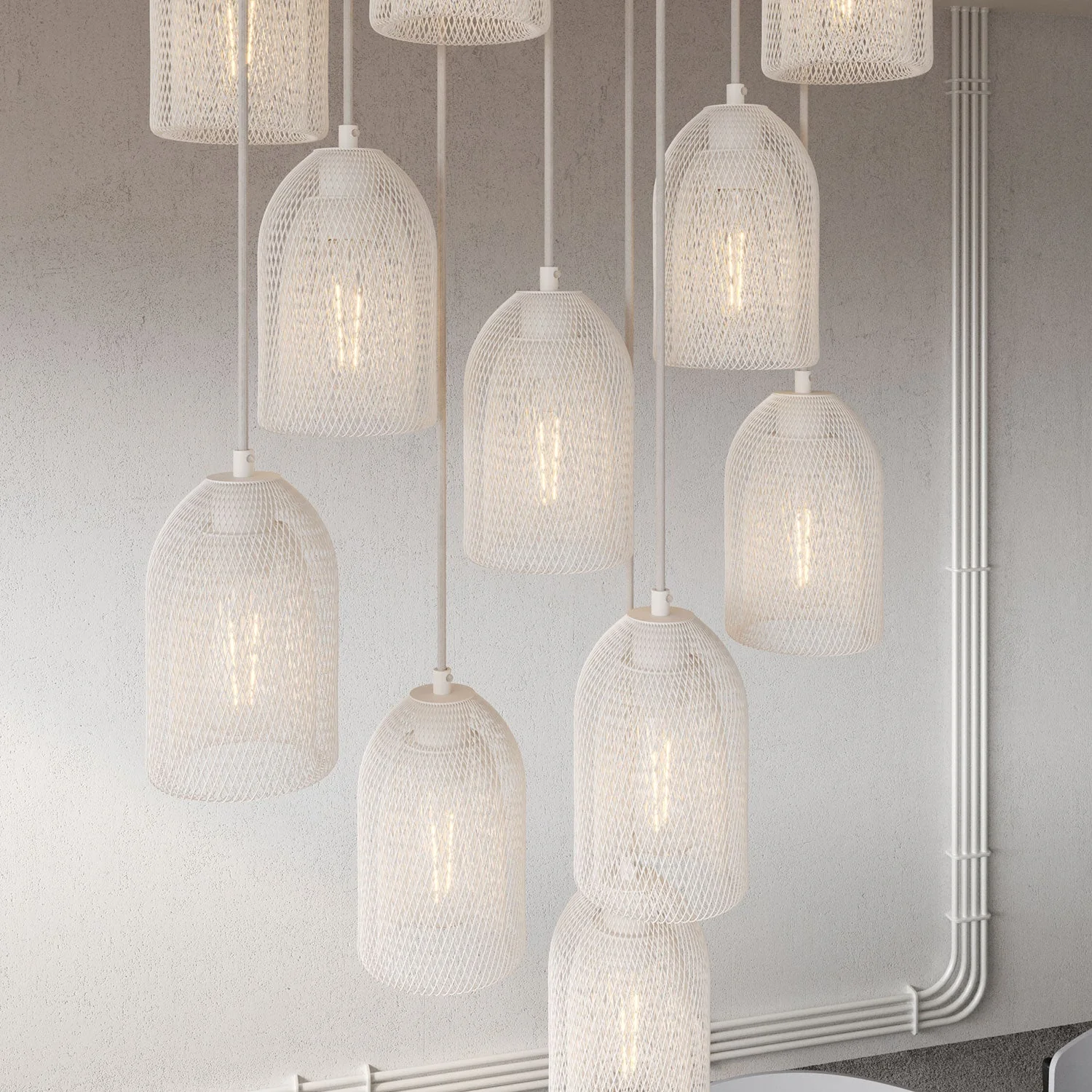 11-drop pendant lamp with XXL Rose-One rectangular 675 mm and Ghostbell metal lampshade - Matt white - Image 3