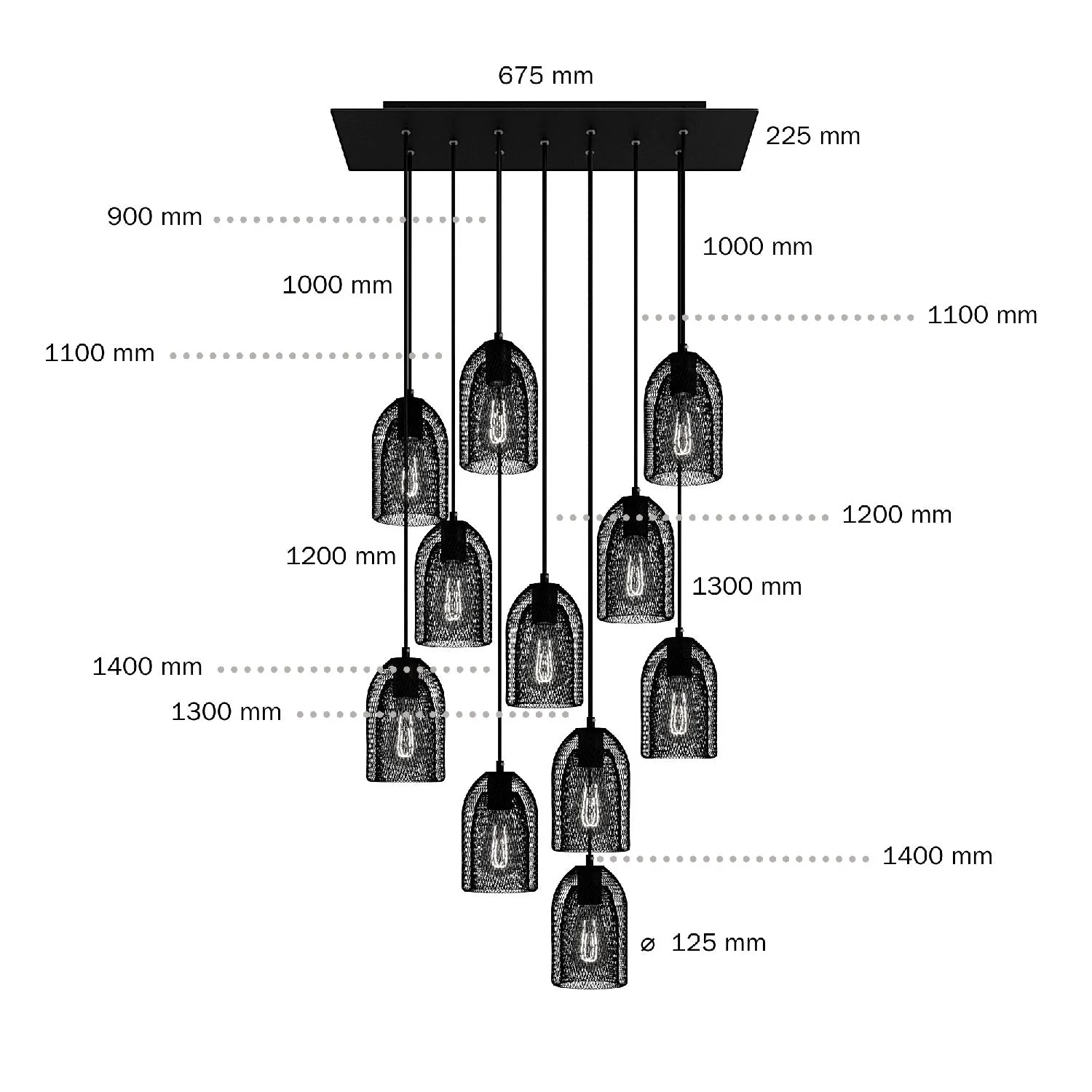 11-drop pendant lamp with XXL Rose-One rectangular 675 mm and Ghostbell metal lampshade - Matt white - Image 6