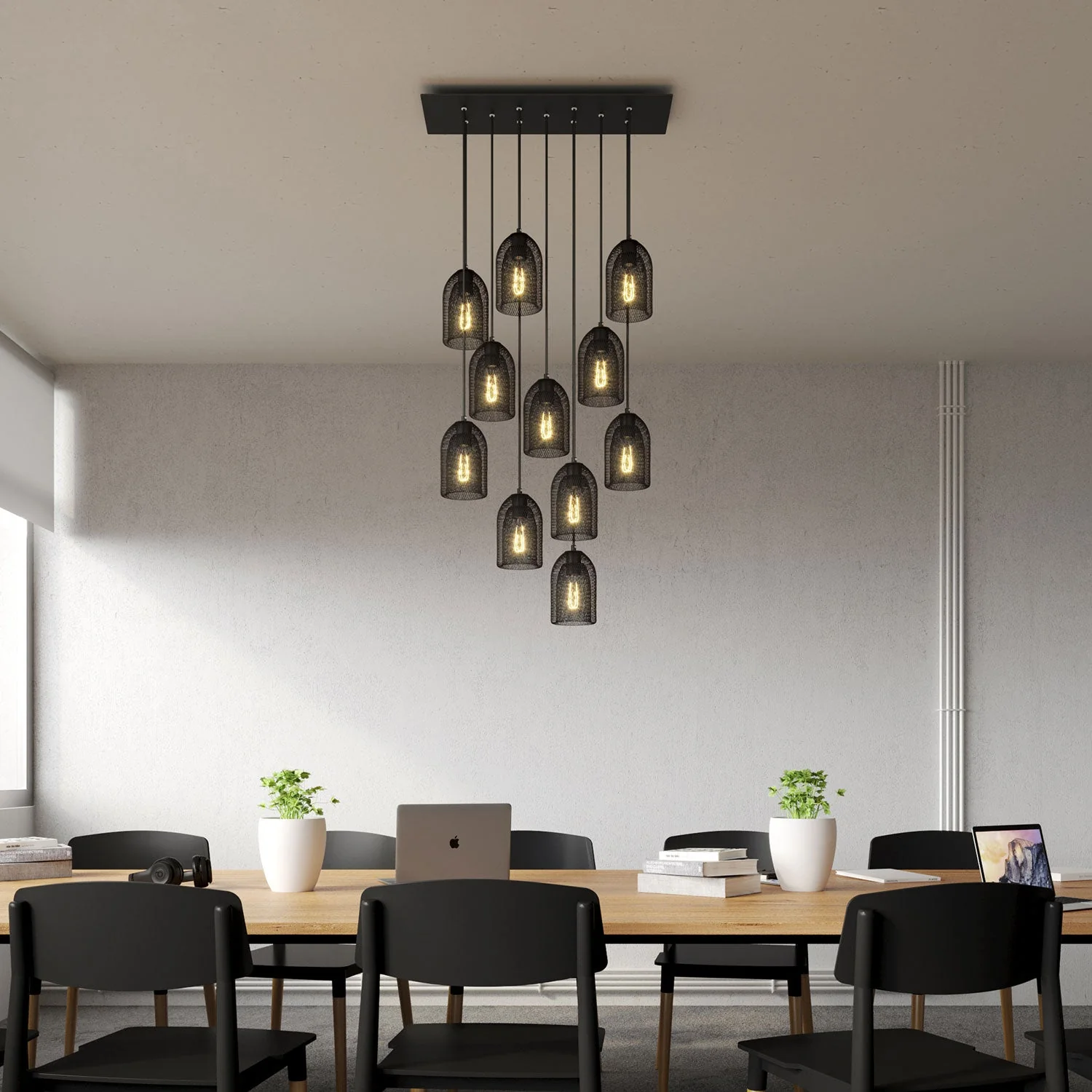 11-drop pendant lamp with XXL Rose-One rectangular 675 mm with Ghostbell metal lampshade – Matt black - Image 2
