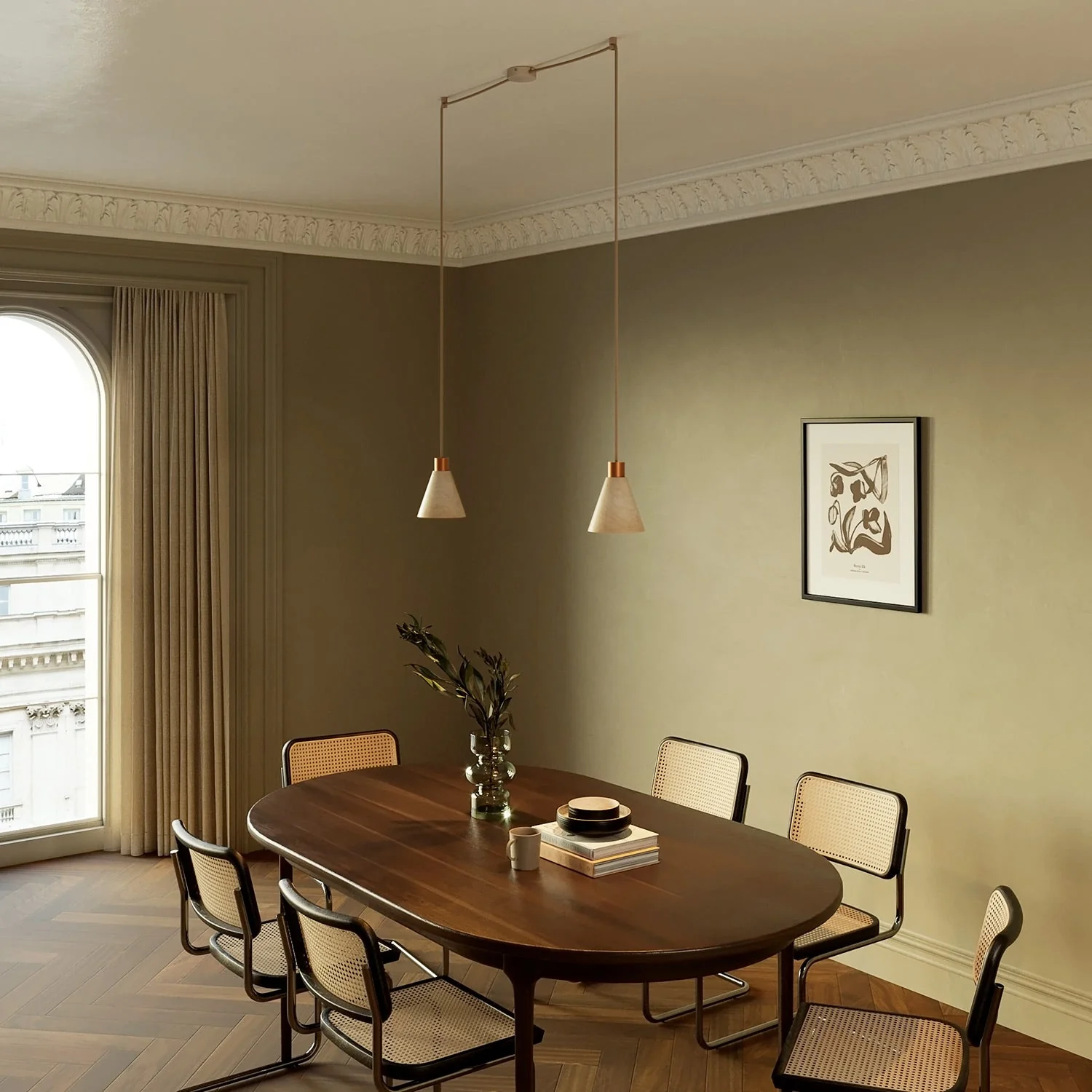 Pendant lamp with two drops and conical Lampshades in wood β Satin copper - Image 2