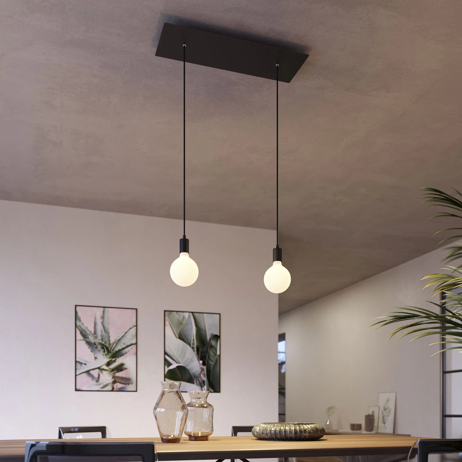 2-drop pendant lamp with XXL Rose-One rectangular 675 mm ceiling rose in metal finishes - Matt black - Image 2