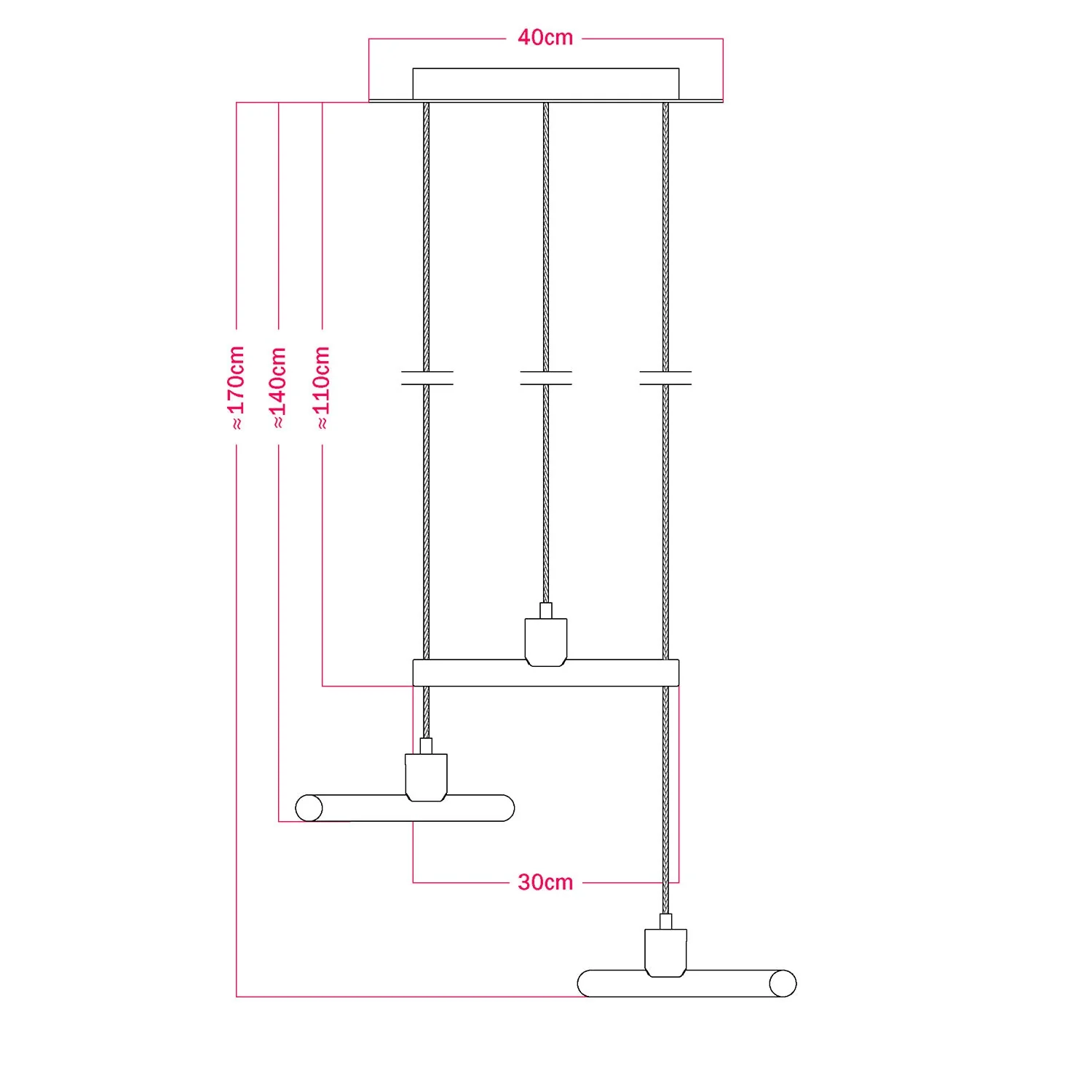 3-drop asymmetric pendant lamp esse14 with Rose-One complete with fabric cable and metal finishes - White - Image 4