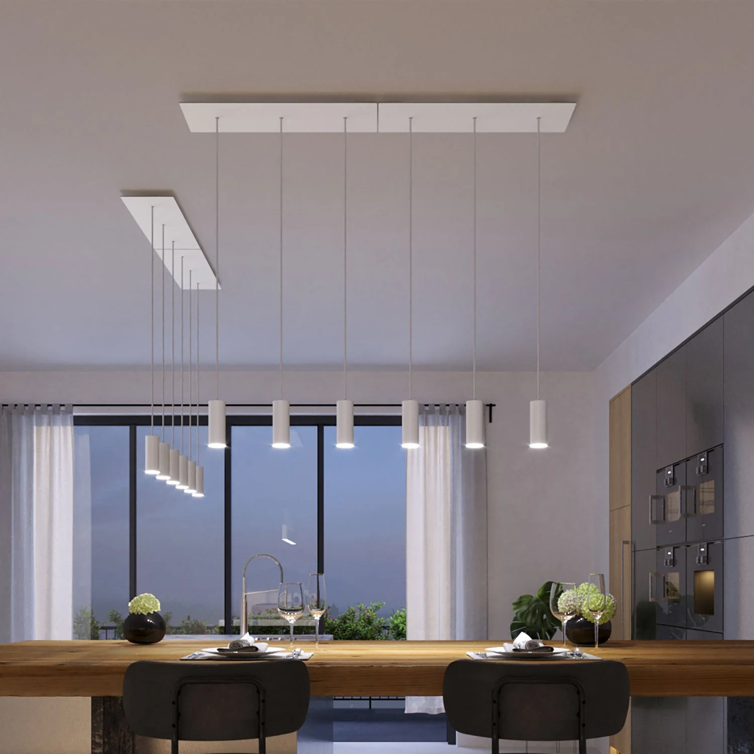 3-drop pendant lamp with XXL Rose-One rectangular 675 mm ceiling rose and Tub-E14 metal lampshade – Matt white - Image 2