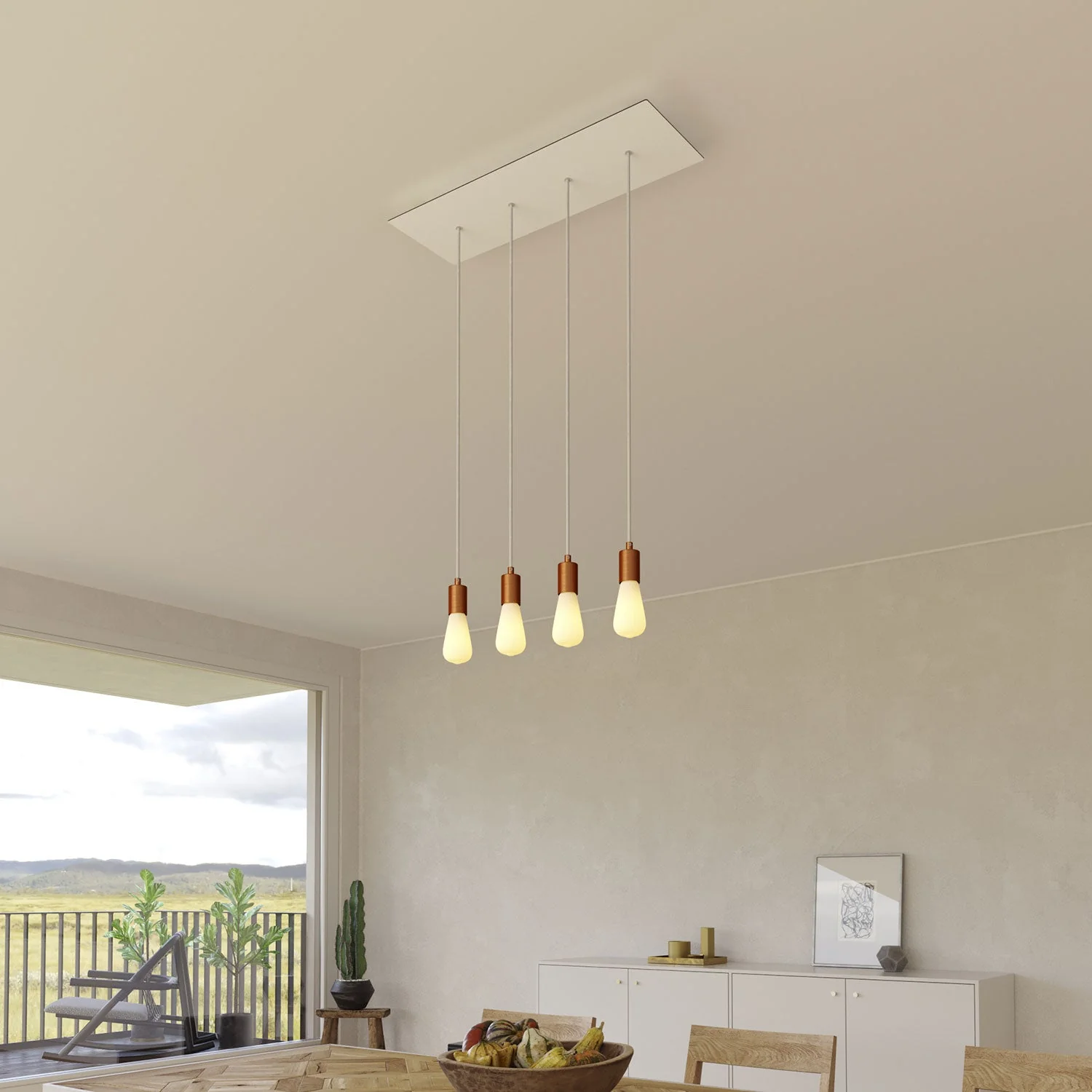 4-drop pendant lamp with XXL Rose-One rectangular ceiling rose 675 mm with metal finishes - Matt white - Image 2